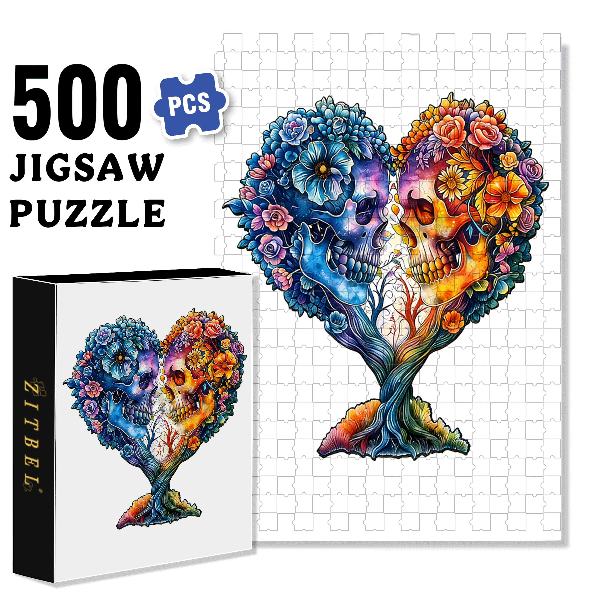Skull and Love 500pcs/1000pcs Jigsaw Puzzle, Scratch-Resistant, Interactive Family Game & Brain-Boosting DIY Decor, Perfect for Halloween, Christmas & New Year Gifts, Family Puzzle Game
