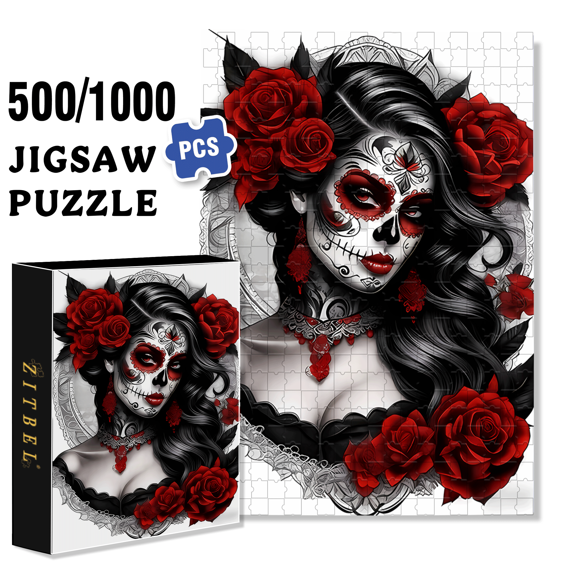 Skull Makeup 500pcs/1000pcs Jigsaw Puzzle, Scratch-Resistant, Interactive Family Game & Brain-Boosting DIY Decor, Perfect for Halloween, Christmas & New Year Gifts, Family Puzzle Game