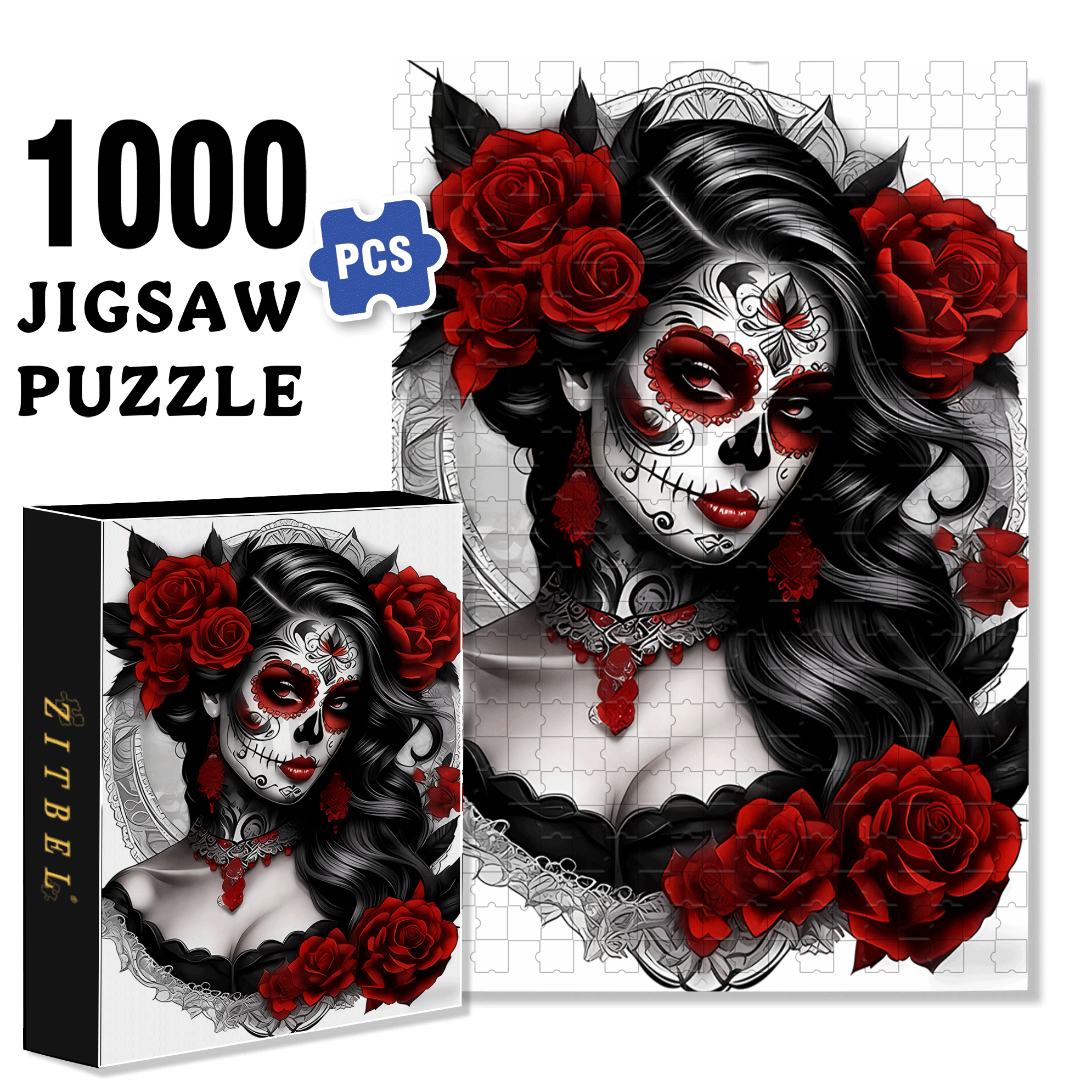 Skull Makeup 500pcs/1000pcs Jigsaw Puzzle, Scratch-Resistant, Interactive Family Game & Brain-Boosting DIY Decor, Perfect for Halloween, Christmas & New Year Gifts, Family Puzzle Game