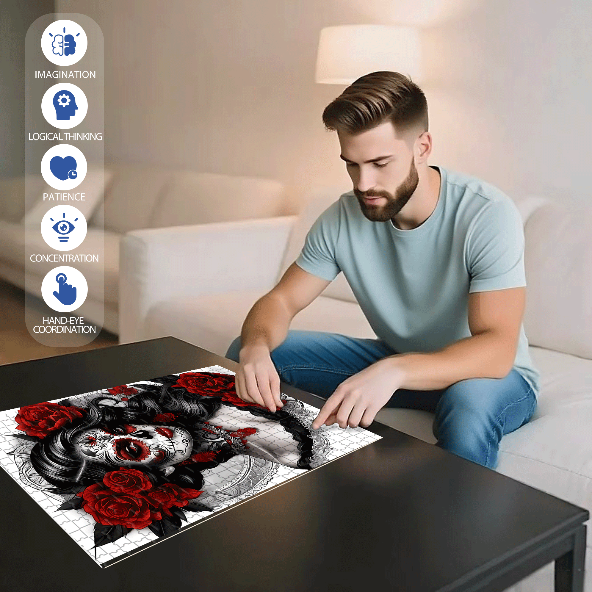 Skull Makeup 500pcs/1000pcs Jigsaw Puzzle, Scratch-Resistant, Interactive Family Game & Brain-Boosting DIY Decor, Perfect for Halloween, Christmas & New Year Gifts, Family Puzzle Game