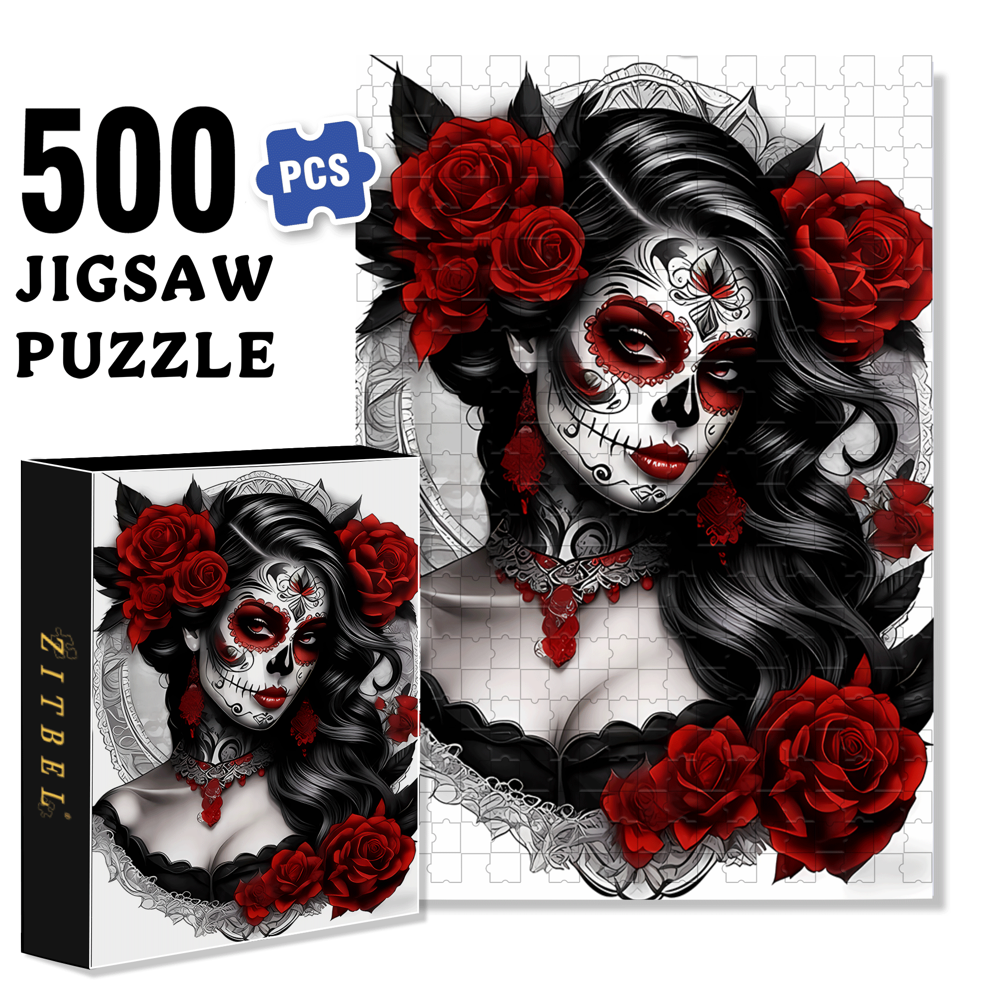 Skull Makeup 500pcs/1000pcs Jigsaw Puzzle, Scratch-Resistant, Interactive Family Game & Brain-Boosting DIY Decor, Perfect for Halloween, Christmas & New Year Gifts, Family Puzzle Game