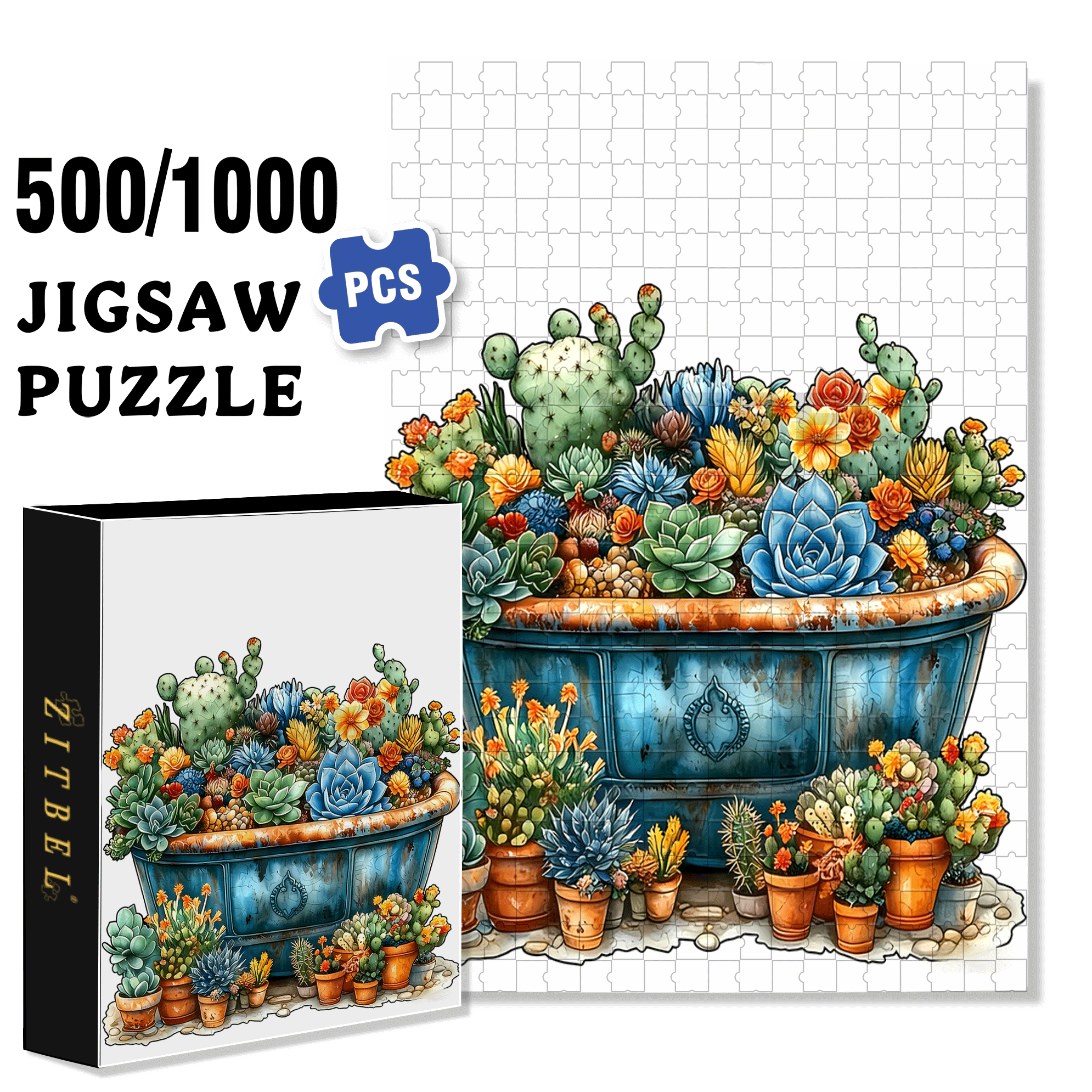 Succulent Cactus 500pcs/1000pcs Jigsaw Puzzle, Scratch-Resistant, Interactive Family Game & Brain-Boosting DIY Decor, Perfect for Halloween, Christmas & New Year Gifts, Family Puzzle Game