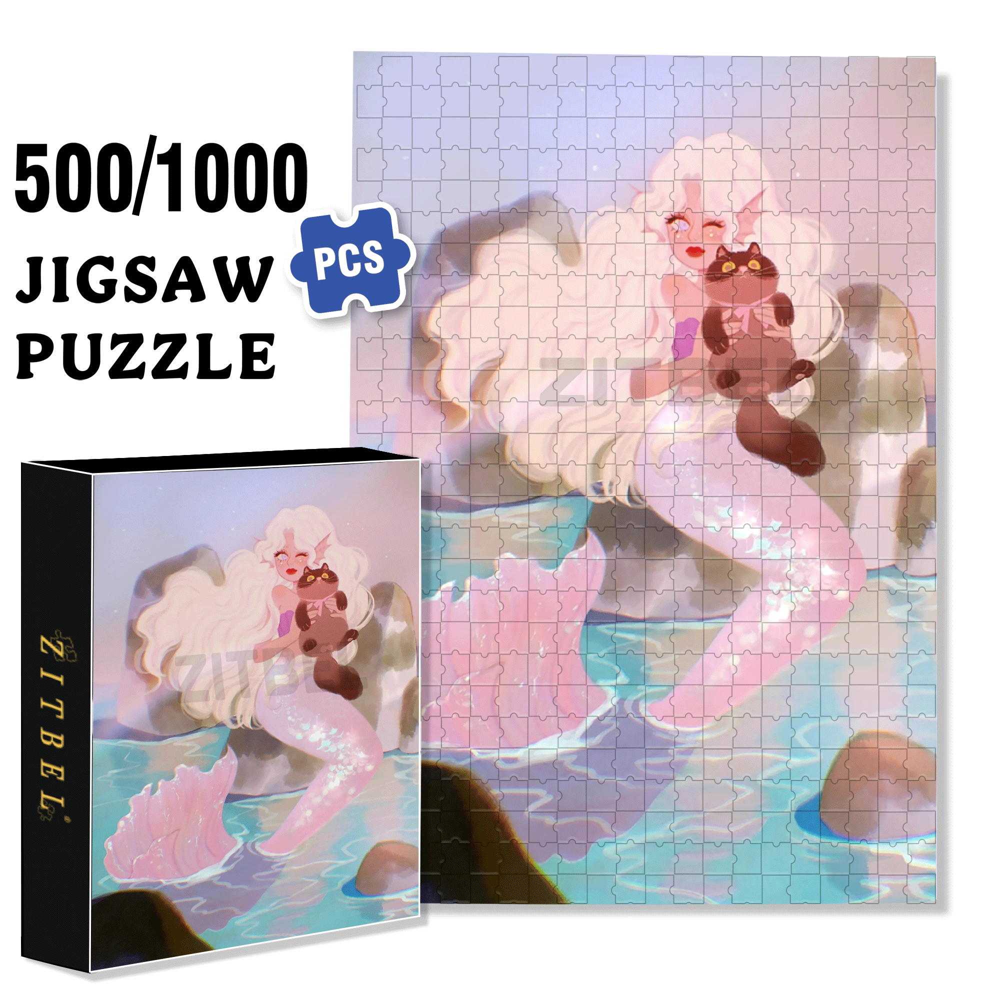 The Little Mermaid & Cat 500pcs/1000pcs Jigsaw Puzzle, Scratch-Resistant, Interactive Family Game & Brain-Boosting DIY Decor, Perfect for Halloween, Christmas & New Year Gifts, Family Puzzle Game