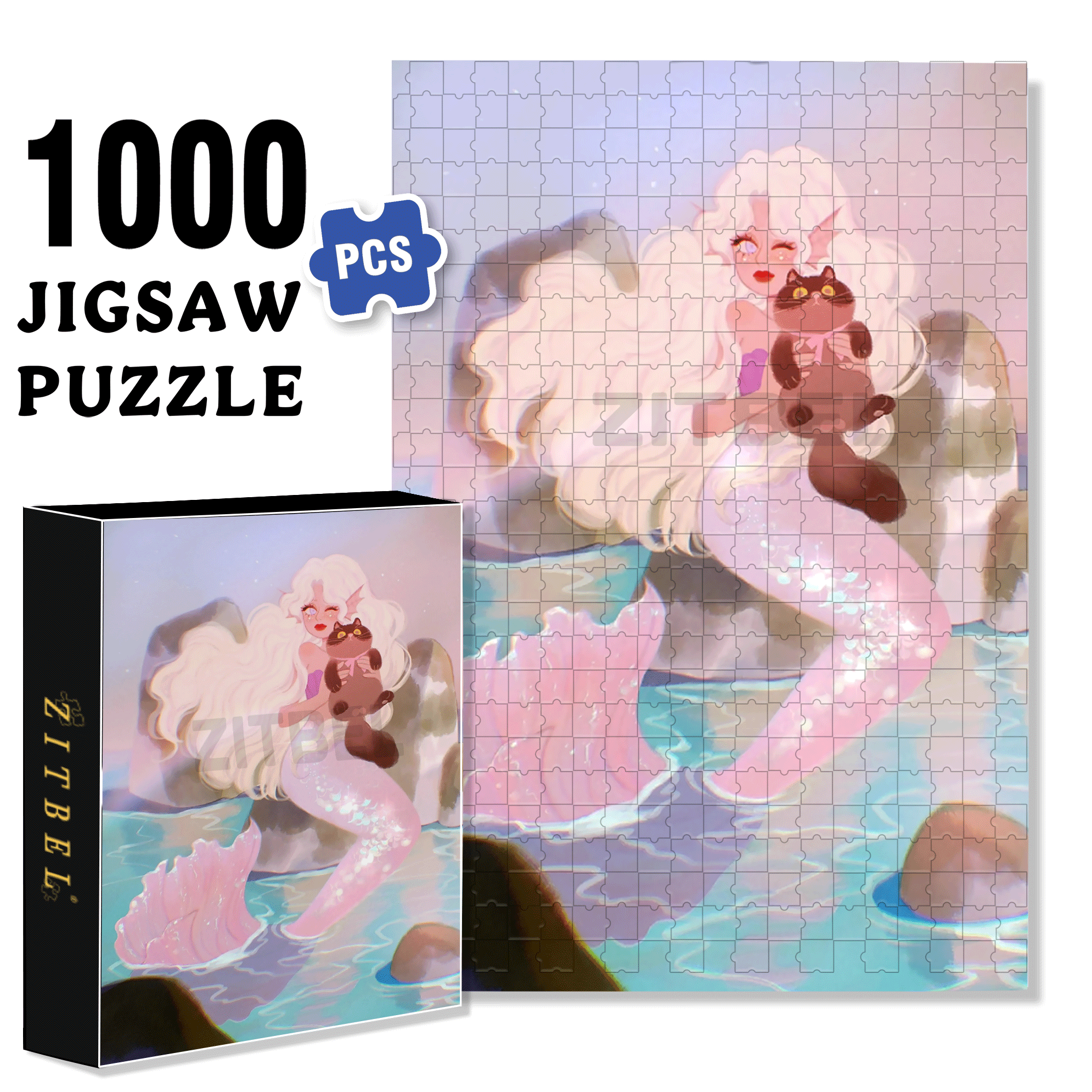 The Little Mermaid & Cat 500pcs/1000pcs Jigsaw Puzzle, Scratch-Resistant, Interactive Family Game & Brain-Boosting DIY Decor, Perfect for Halloween, Christmas & New Year Gifts, Family Puzzle Game