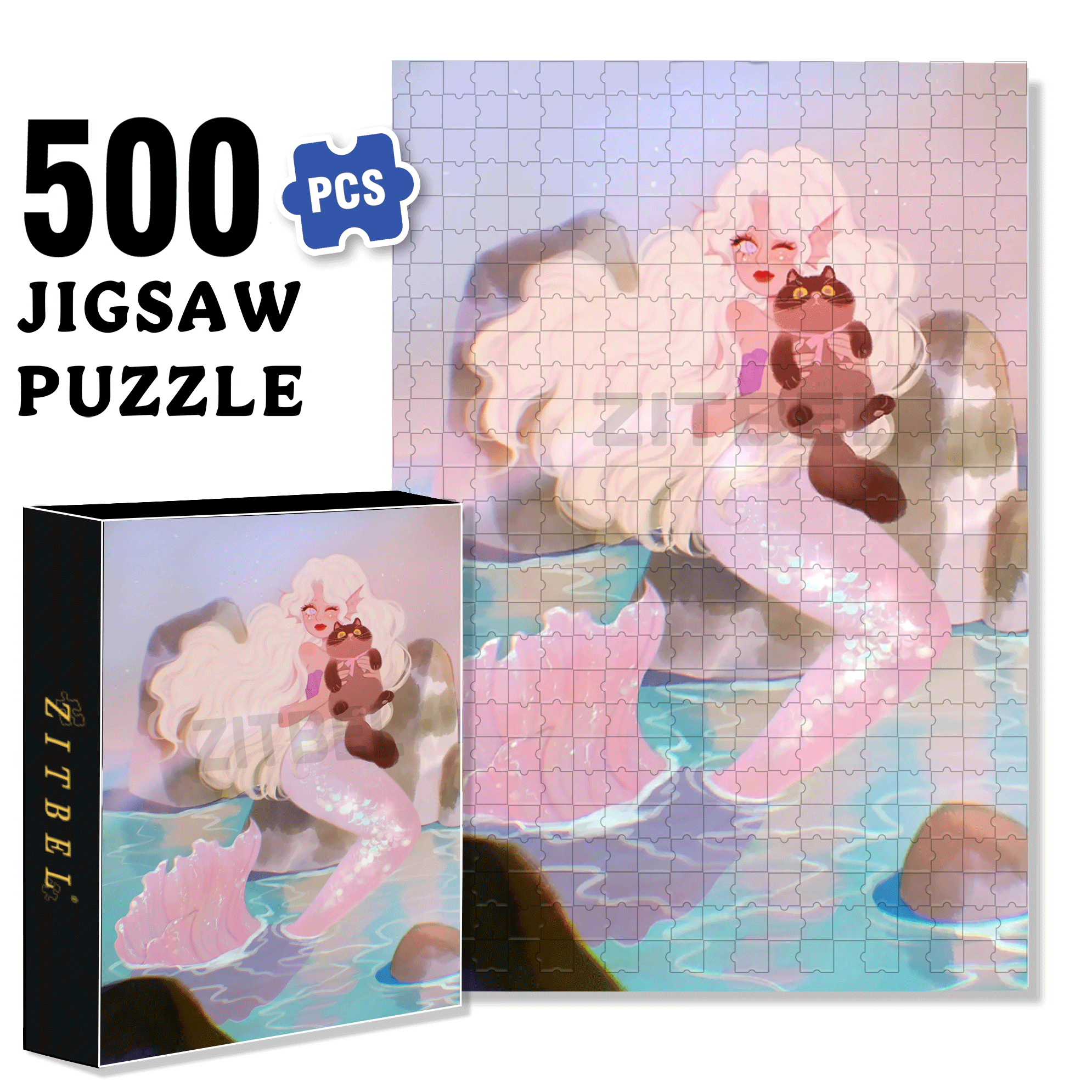 The Little Mermaid & Cat 500pcs/1000pcs Jigsaw Puzzle, Scratch-Resistant, Interactive Family Game & Brain-Boosting DIY Decor, Perfect for Halloween, Christmas & New Year Gifts, Family Puzzle Game