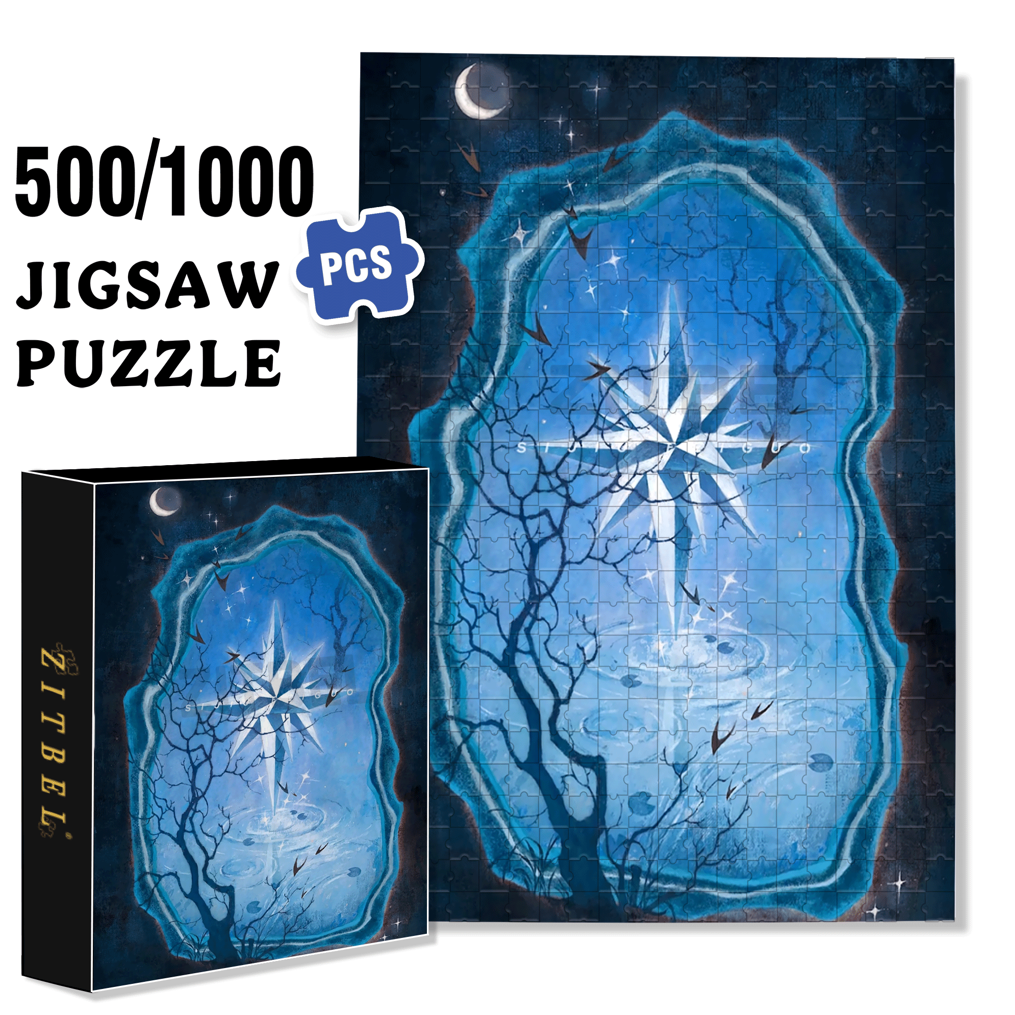 The Moon And The Starry Night 500pcs/1000pcs Jigsaw Puzzle, Scratch-Resistant, Interactive Family Game & Brain-Boosting DIY Decor, Perfect for Halloween, Christmas & New Year Gifts, Family Puzzle Game