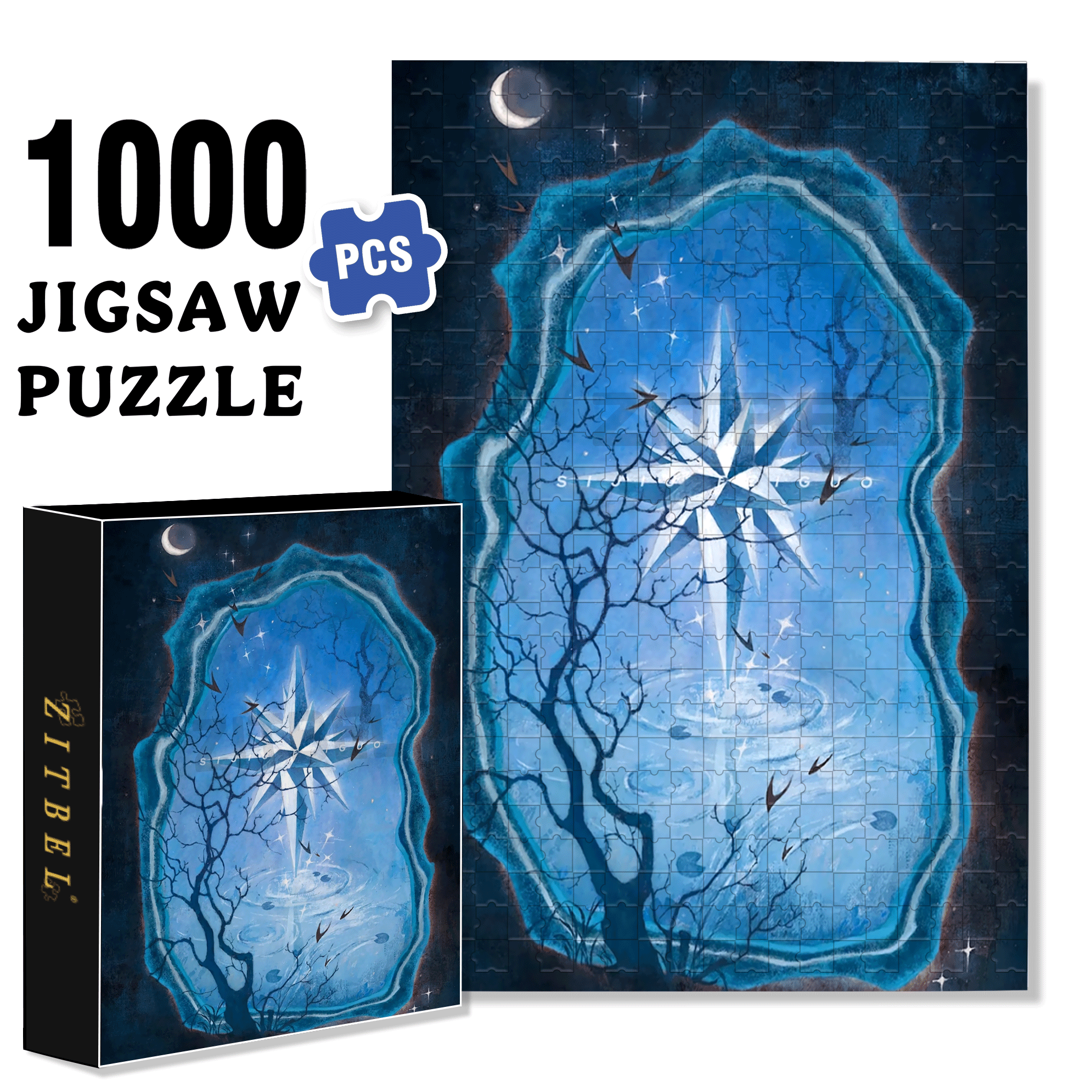 The Moon And The Starry Night 500pcs/1000pcs Jigsaw Puzzle, Scratch-Resistant, Interactive Family Game & Brain-Boosting DIY Decor, Perfect for Halloween, Christmas & New Year Gifts, Family Puzzle Game