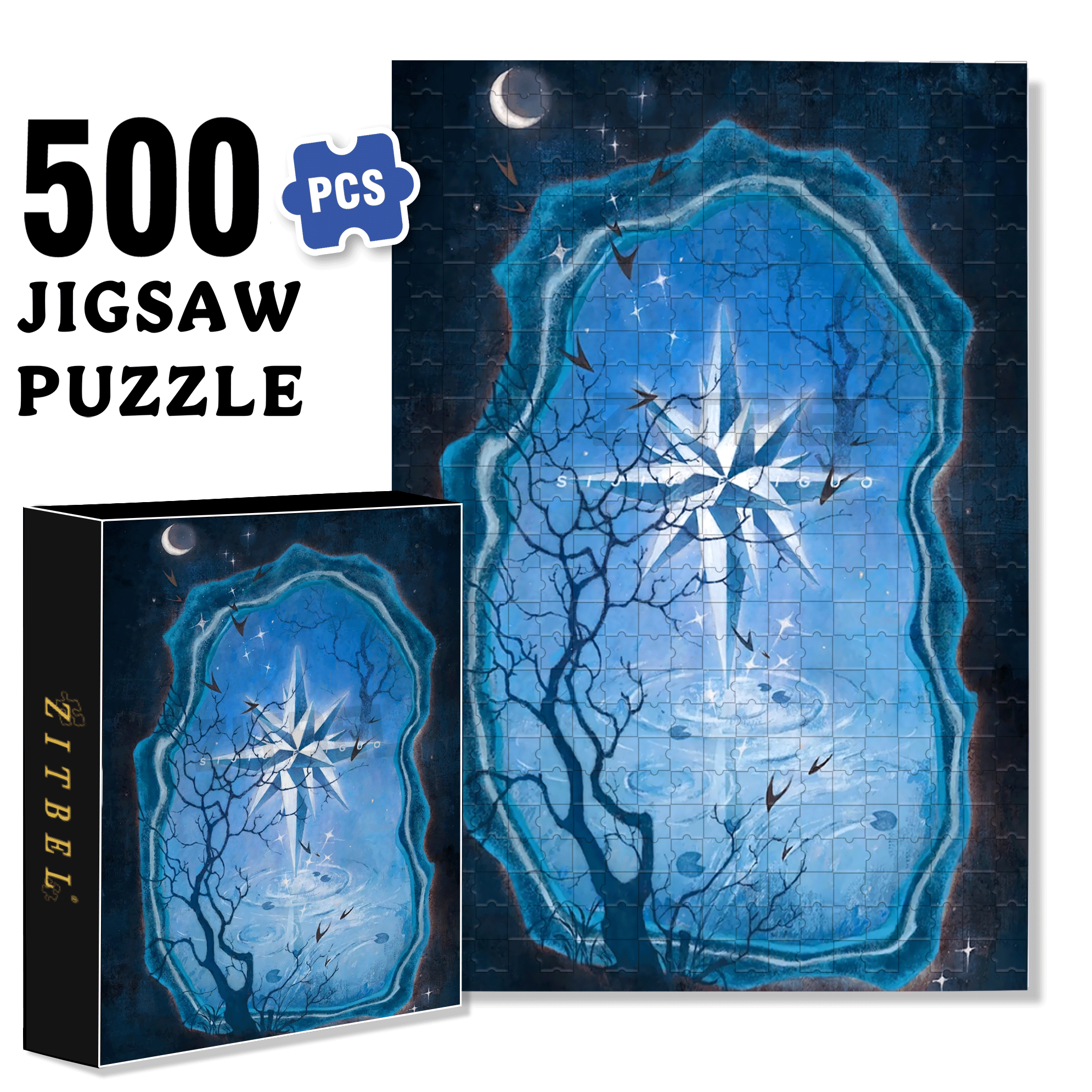 The Moon And The Starry Night 500pcs/1000pcs Jigsaw Puzzle, Scratch-Resistant, Interactive Family Game & Brain-Boosting DIY Decor, Perfect for Halloween, Christmas & New Year Gifts, Family Puzzle Game