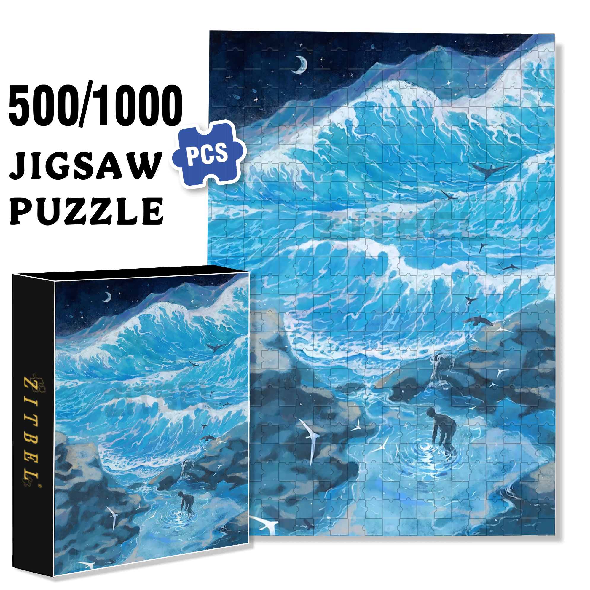 The Moon In The Night Sea 500pcs/1000pcs Jigsaw Puzzle, Scratch-Resistant, Interactive Family Game & Brain-Boosting DIY Decor, Perfect for Halloween, Christmas & New Year Gifts, Family Puzzle Game
