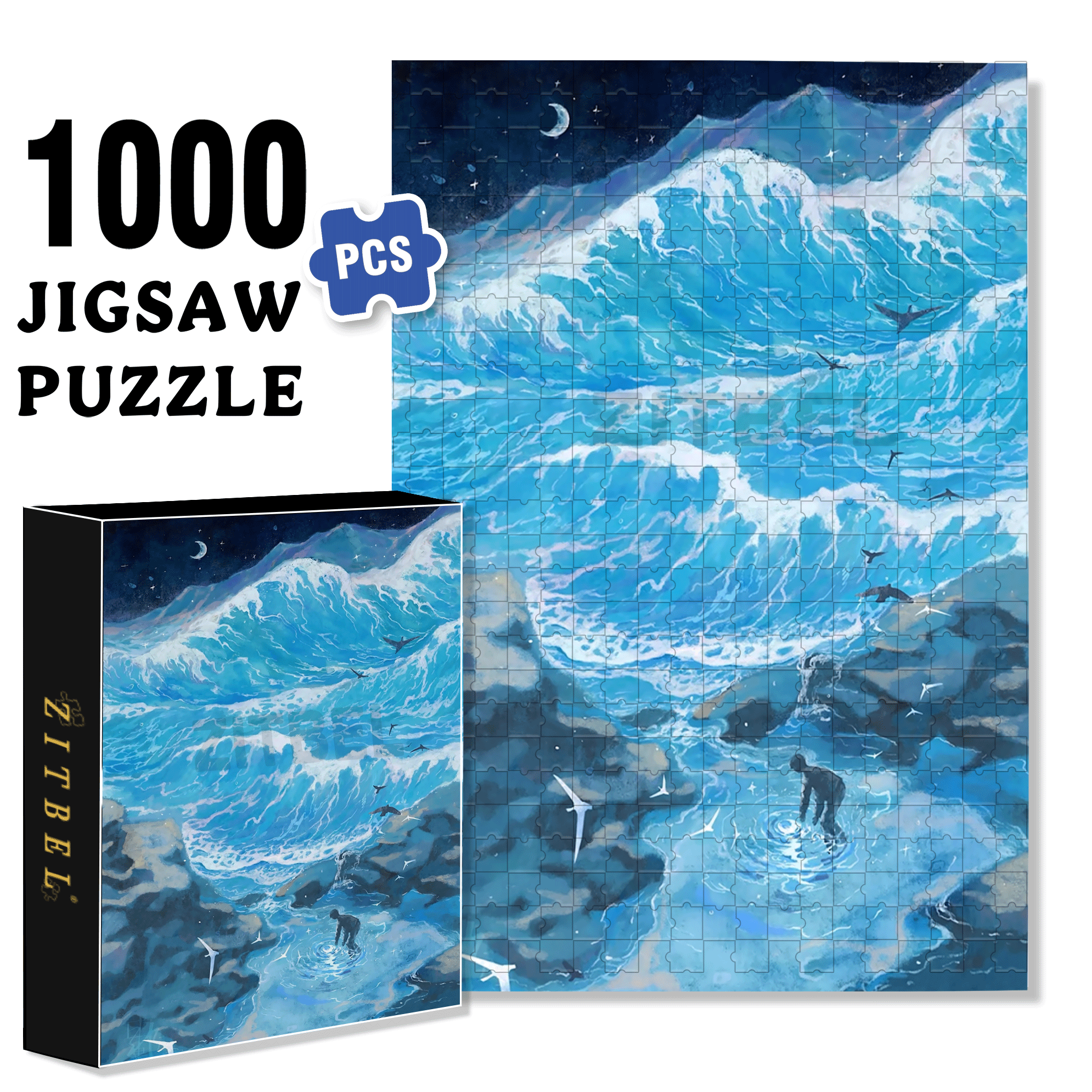 The Moon In The Night Sea 500pcs/1000pcs Jigsaw Puzzle, Scratch-Resistant, Interactive Family Game & Brain-Boosting DIY Decor, Perfect for Halloween, Christmas & New Year Gifts, Family Puzzle Game