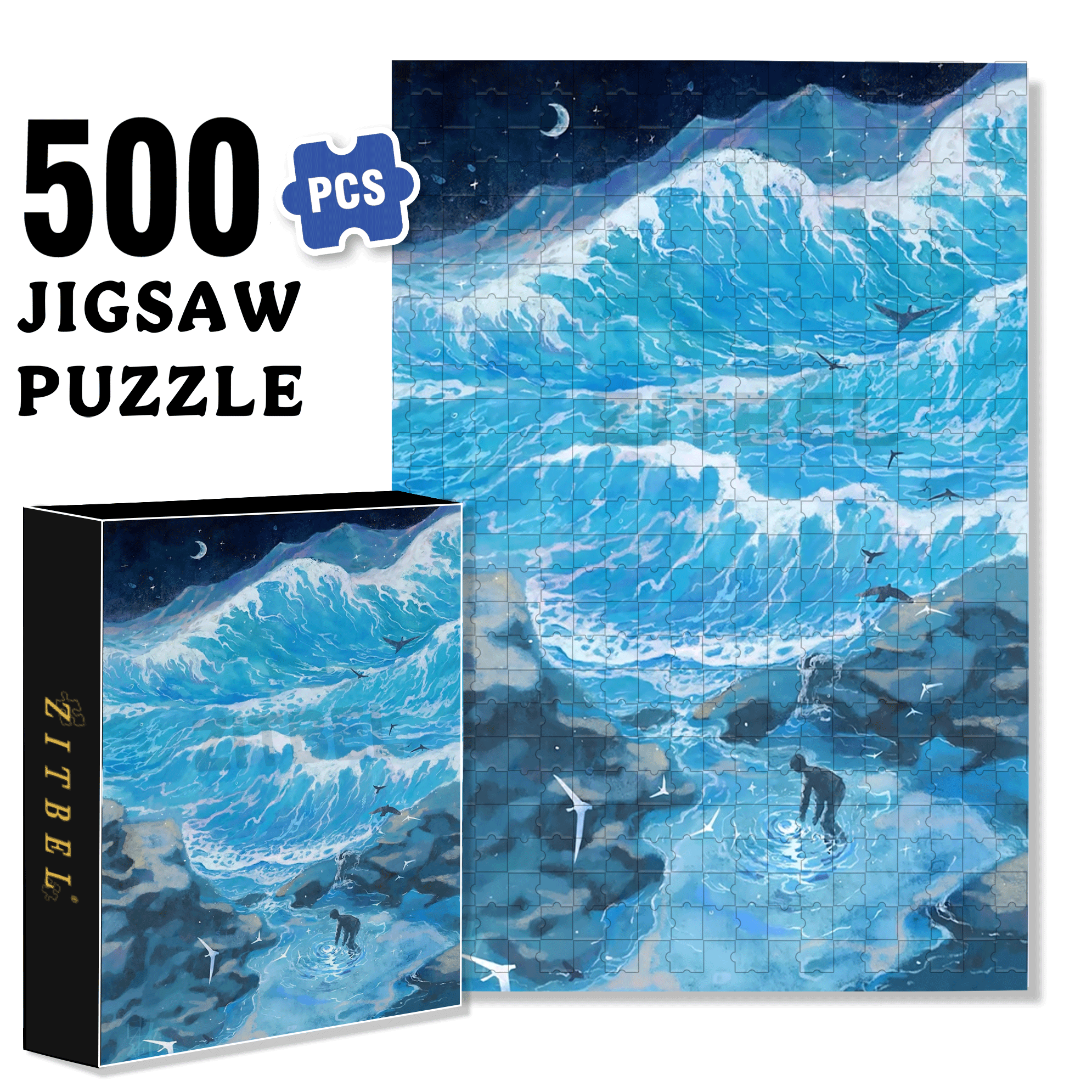 The Moon In The Night Sea 500pcs/1000pcs Jigsaw Puzzle, Scratch-Resistant, Interactive Family Game & Brain-Boosting DIY Decor, Perfect for Halloween, Christmas & New Year Gifts, Family Puzzle Game