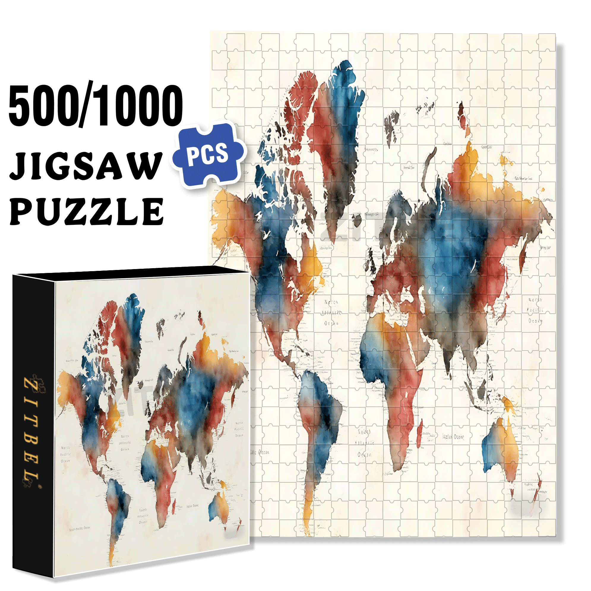 Vibrant World Map 500pcs/1000pcs Jigsaw Puzzle, Scratch-Resistant, Interactive Family Game & Brain-Boosting DIY Decor, Perfect for Halloween, Christmas & New Year Gifts, Family Puzzle Game