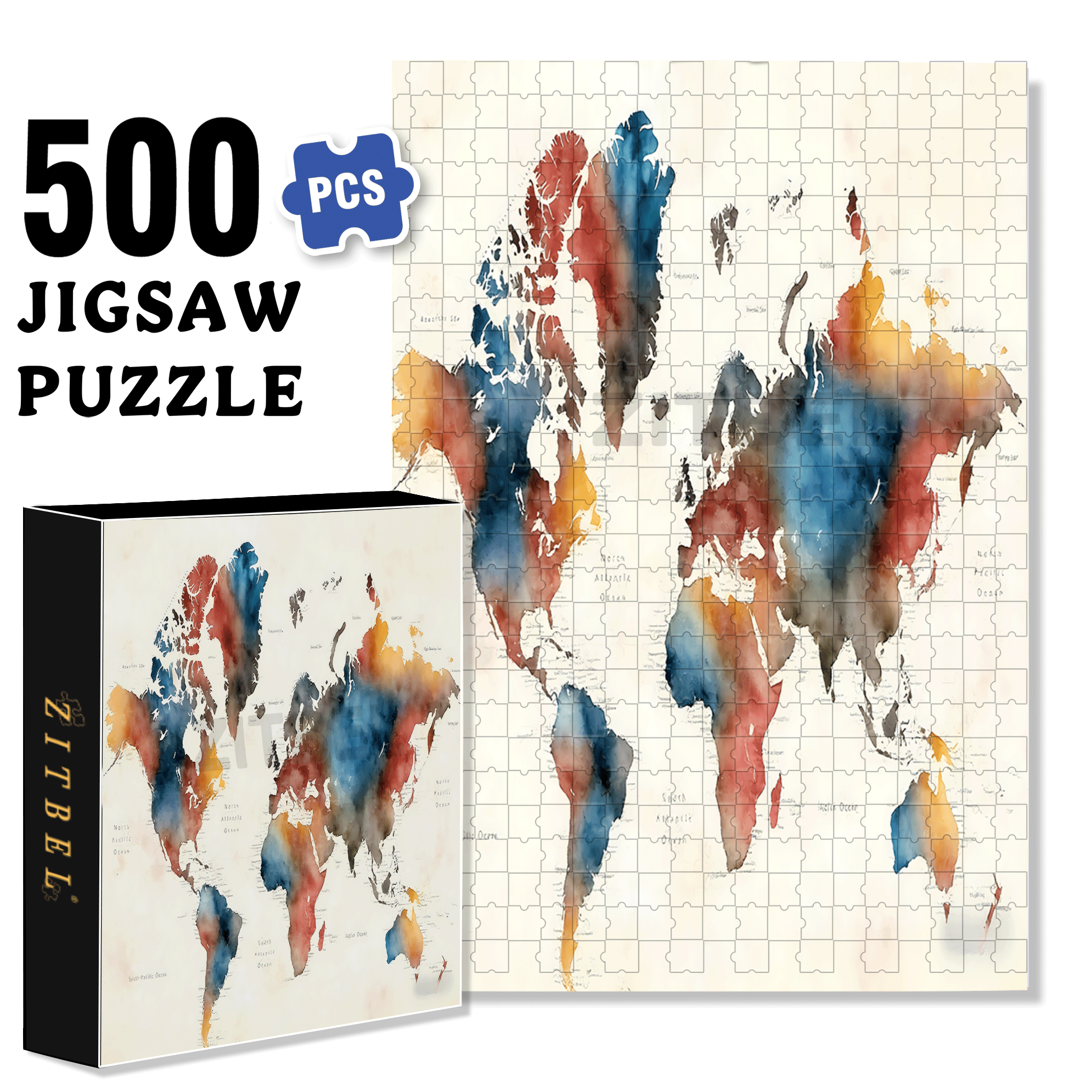 Vibrant World Map 500pcs/1000pcs Jigsaw Puzzle, Scratch-Resistant, Interactive Family Game & Brain-Boosting DIY Decor, Perfect for Halloween, Christmas & New Year Gifts, Family Puzzle Game
