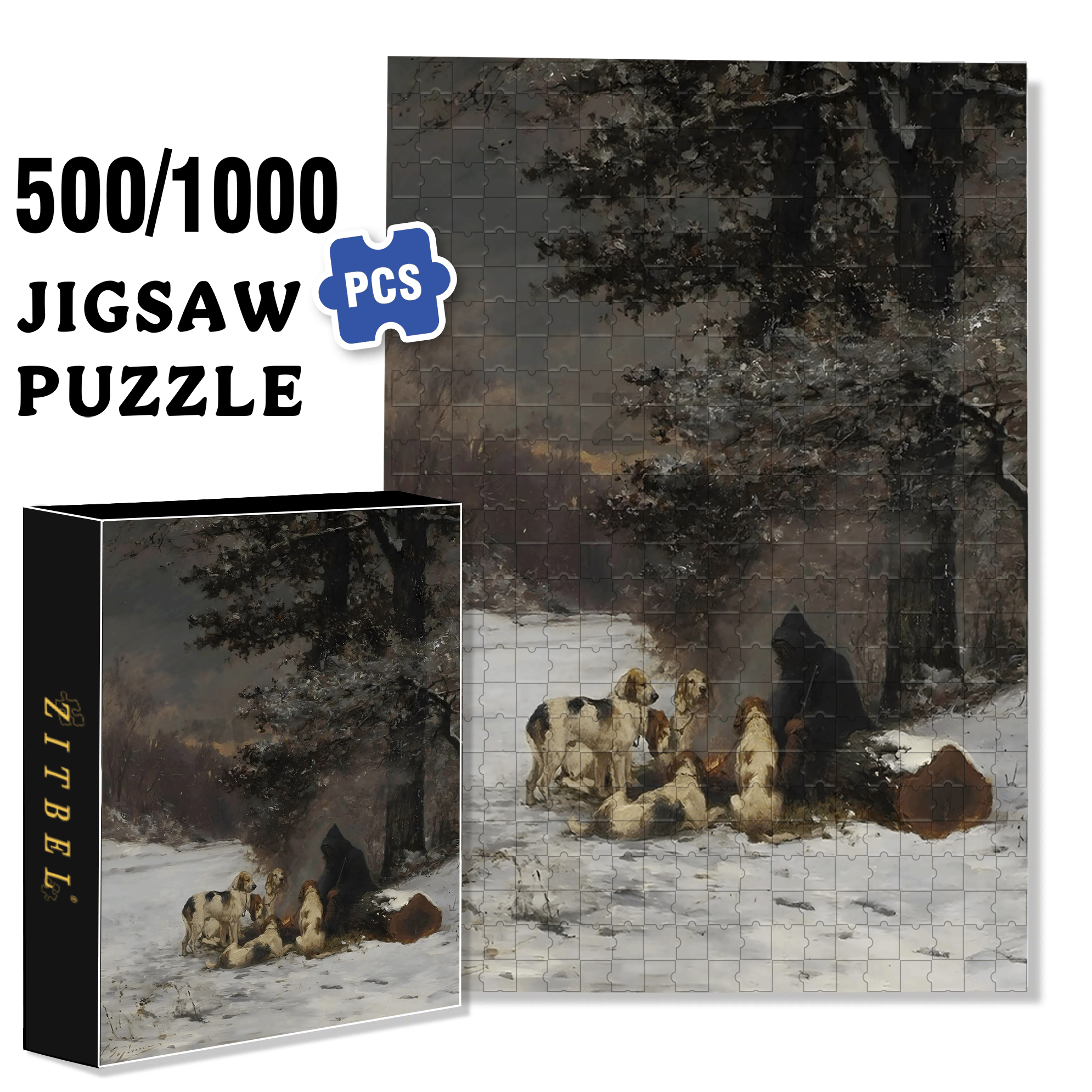 Warm Rest During Hunting 500pcs/1000pcs Jigsaw Puzzle, Scratch-Resistant, Interactive Family Game & Brain-Boosting DIY Decor, Perfect for Halloween, Christmas & New Year Gifts, Family Puzzle Game