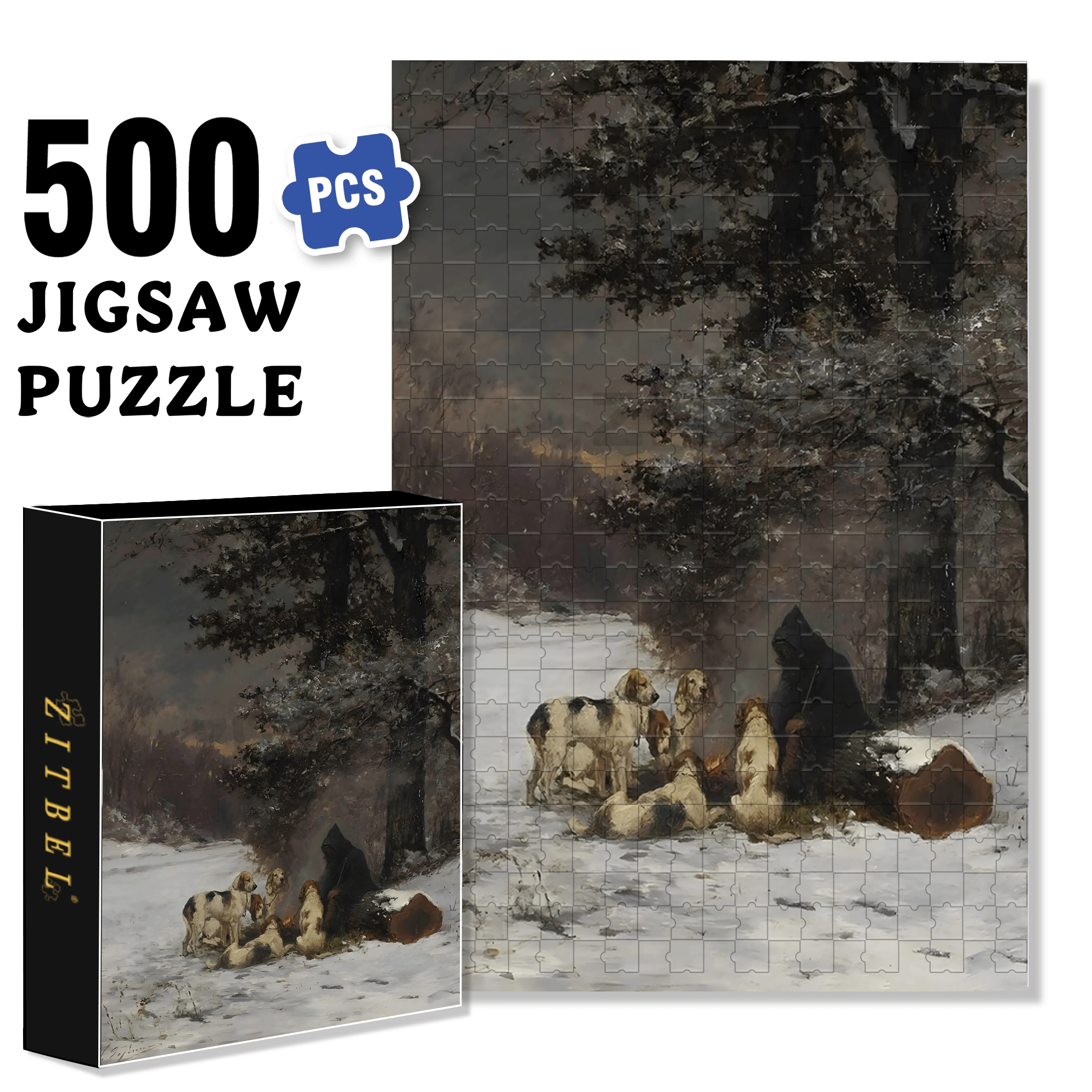 Warm Rest During Hunting 500pcs/1000pcs Jigsaw Puzzle, Scratch-Resistant, Interactive Family Game & Brain-Boosting DIY Decor, Perfect for Halloween, Christmas & New Year Gifts, Family Puzzle Game