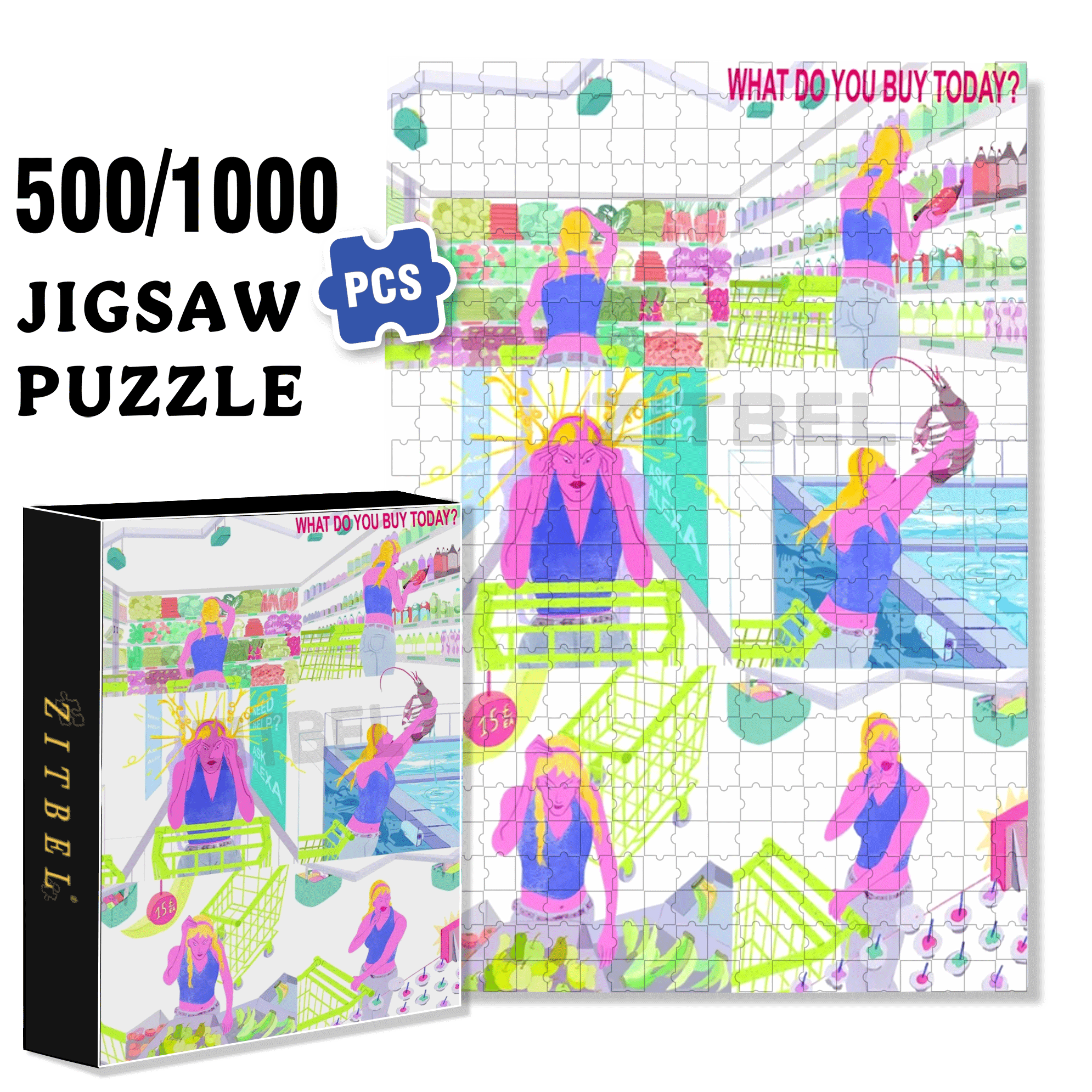 What Do You Buy Today 500pcs/1000pcs Jigsaw Puzzle, Scratch-Resistant, Interactive Family Game & Brain-Boosting DIY Decor, Perfect for Halloween, Christmas & New Year Gifts, Family Puzzle Game