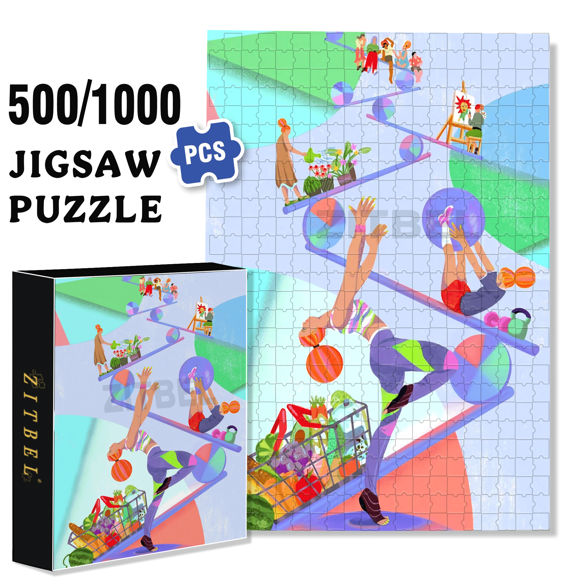 Yoga Ball Exercises 500pcs/1000pcs Jigsaw Puzzle, Scratch-Resistant, Interactive Family Game & Brain-Boosting DIY Decor, Perfect for Halloween, Christmas & New Year Gifts, Family Puzzle Game