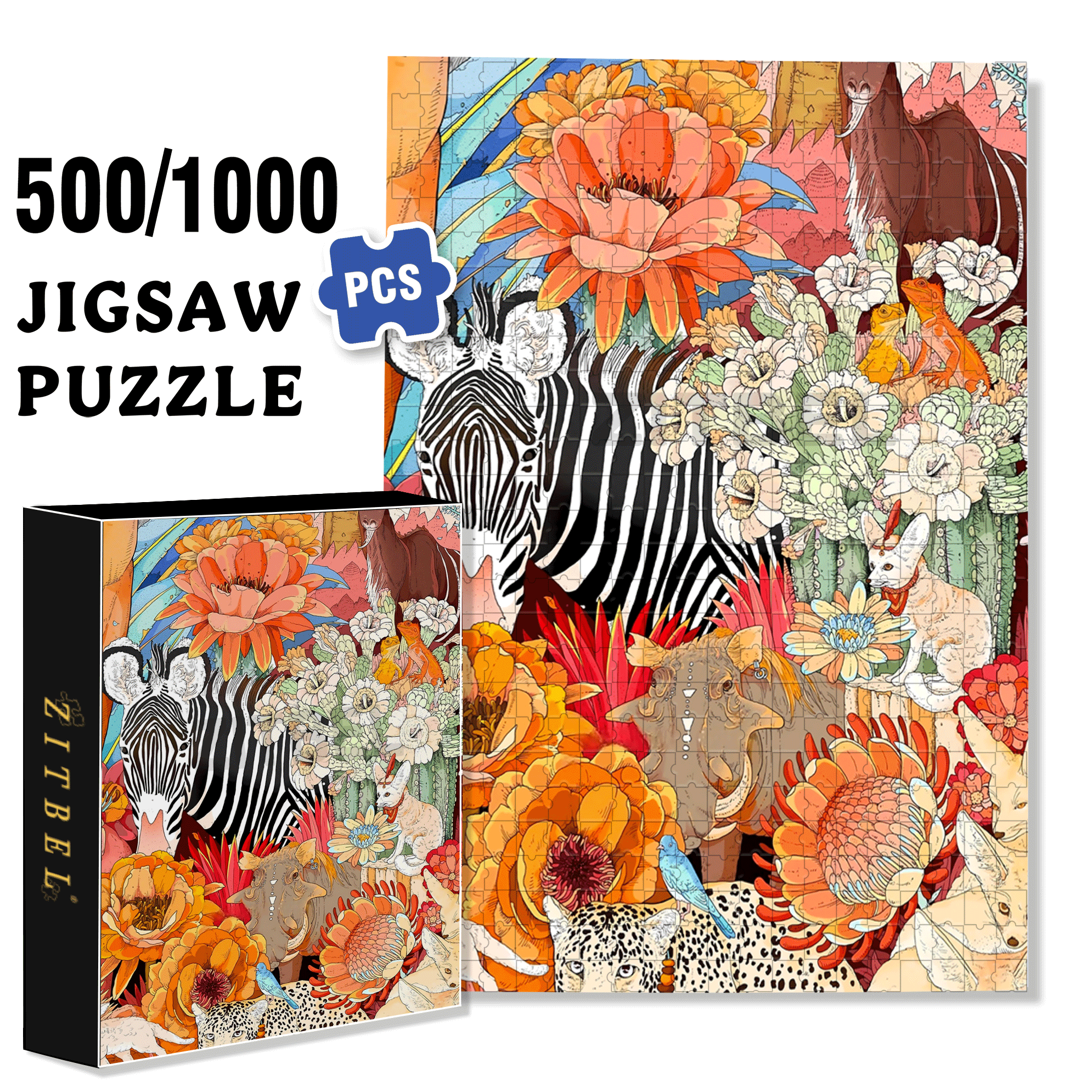 Zebras And Prosperity 500pcs/1000pcs Jigsaw Puzzle, Scratch-Resistant, Interactive Family Game & Brain-Boosting DIY Decor, Perfect for Halloween, Christmas & New Year Gifts, Family Puzzle Game