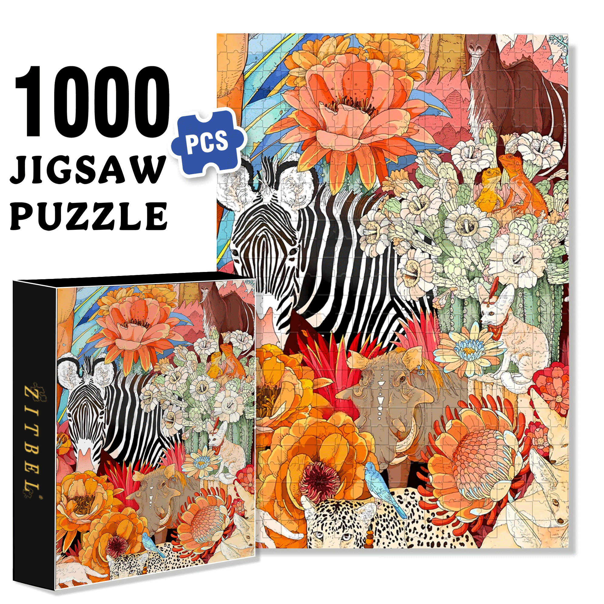 Zebras And Prosperity 500pcs/1000pcs Jigsaw Puzzle, Scratch-Resistant, Interactive Family Game & Brain-Boosting DIY Decor, Perfect for Halloween, Christmas & New Year Gifts, Family Puzzle Game