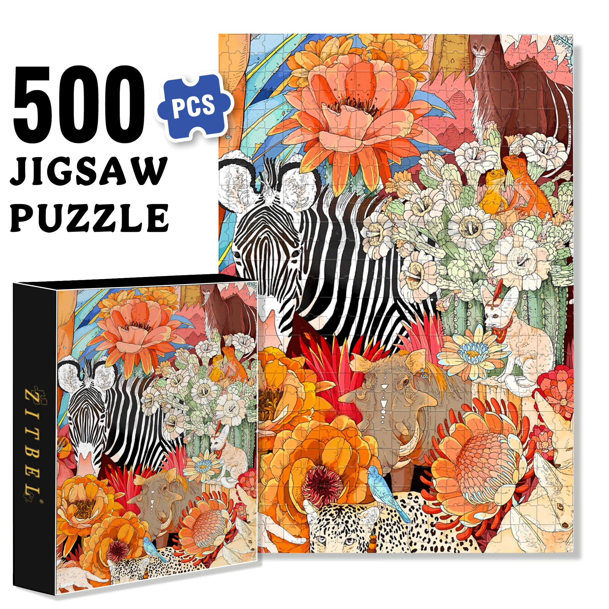 Zebras And Prosperity 500pcs/1000pcs Jigsaw Puzzle, Scratch-Resistant, Interactive Family Game & Brain-Boosting DIY Decor, Perfect for Halloween, Christmas & New Year Gifts, Family Puzzle Game