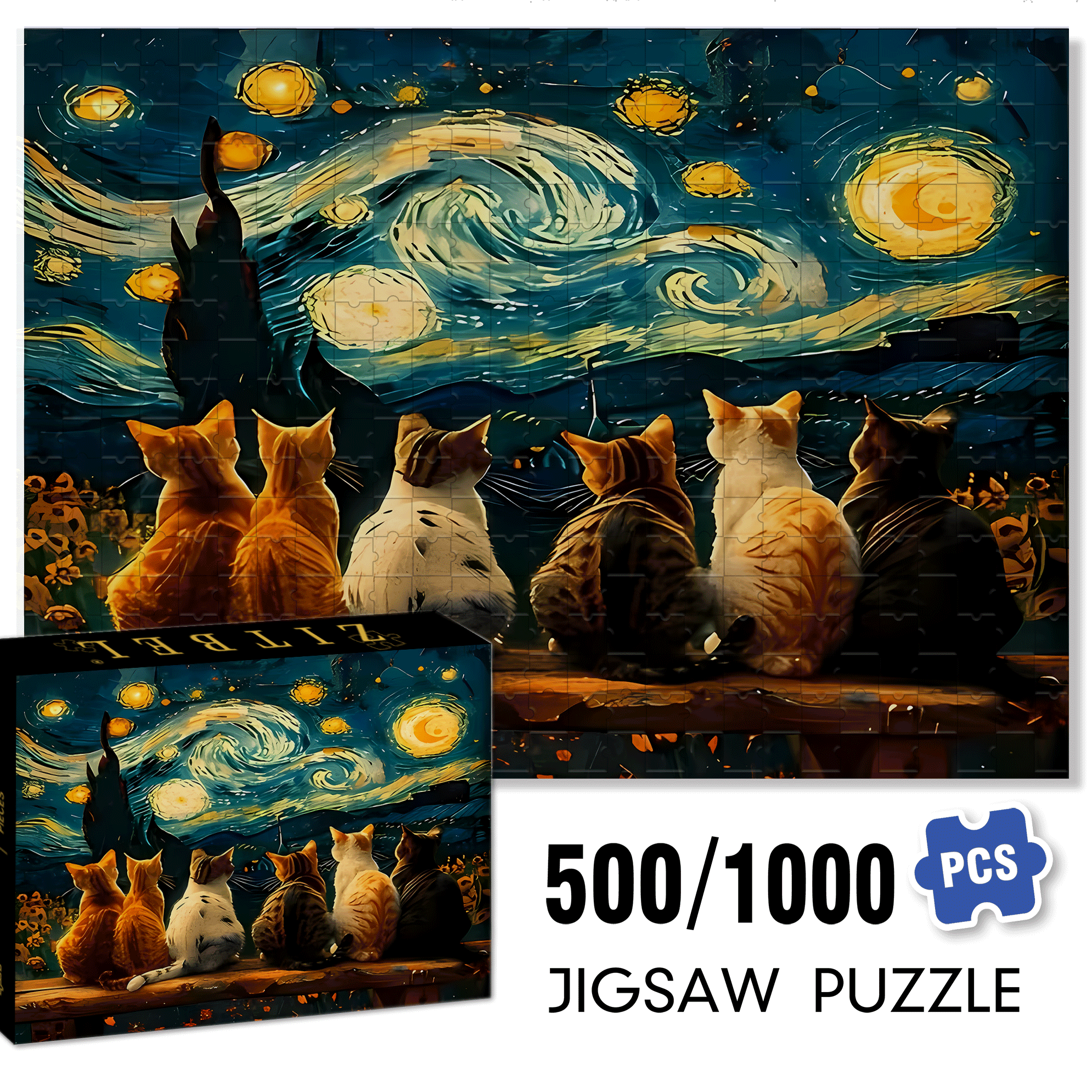 A Cat Under The Starry Sky 500pcs/1000pcs Jigsaw Puzzle, Scratch-Resistant, Interactive Family Game & Brain-Boosting DIY Decor, Perfect for Halloween, Christmas & New Year Gifts, Family Puzzle Game