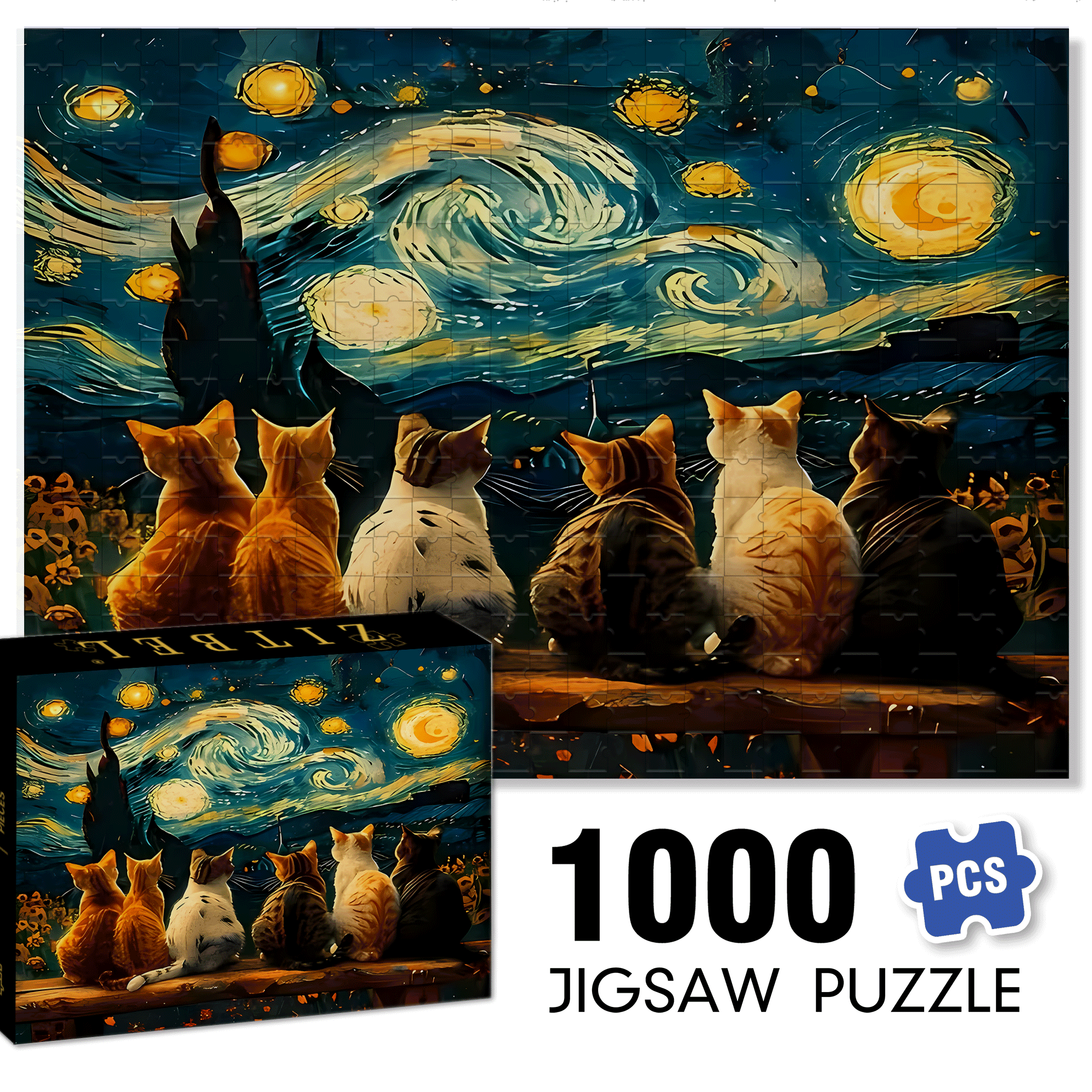 A Cat Under The Starry Sky 500pcs/1000pcs Jigsaw Puzzle, Scratch-Resistant, Interactive Family Game & Brain-Boosting DIY Decor, Perfect for Halloween, Christmas & New Year Gifts, Family Puzzle Game