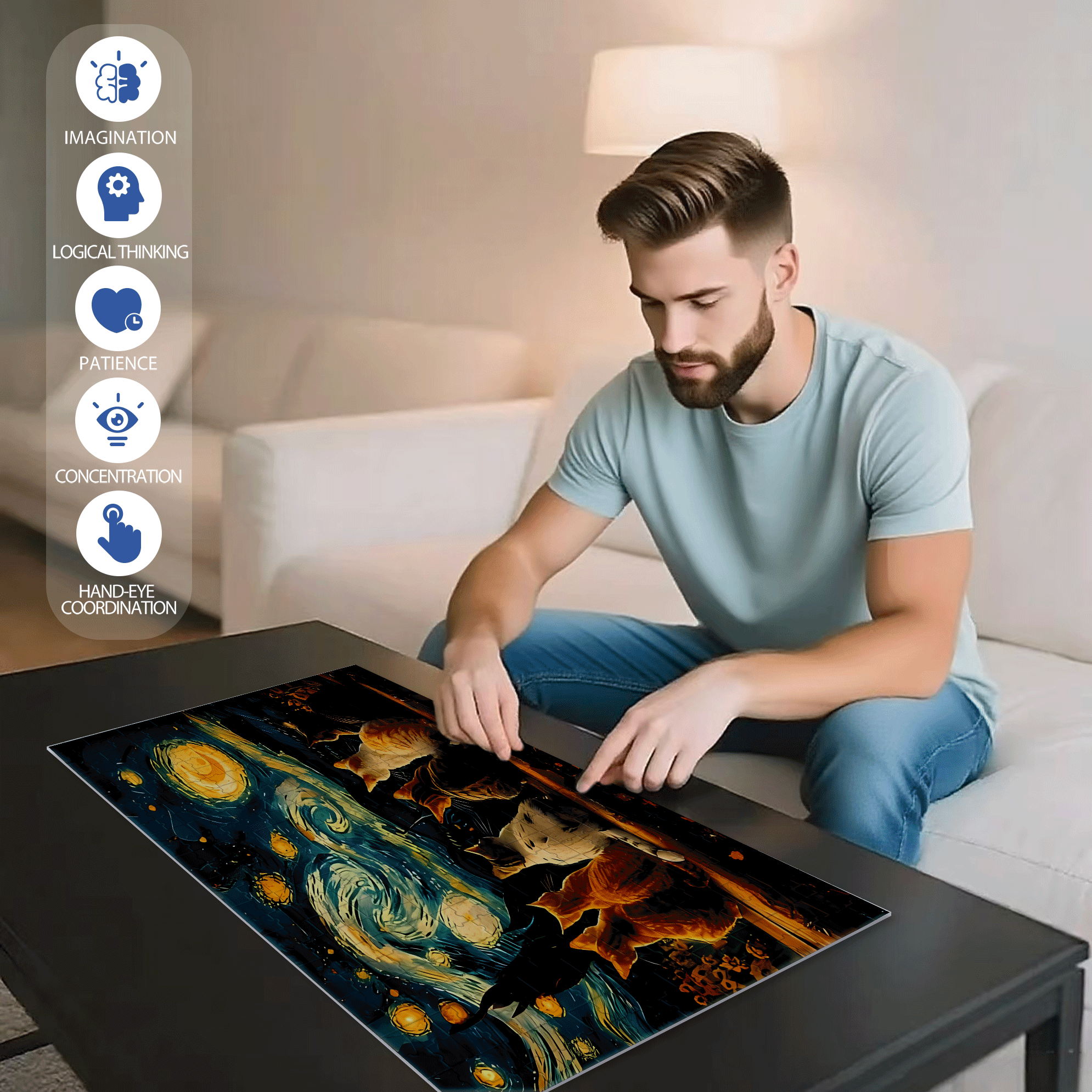 A Cat Under The Starry Sky 500pcs/1000pcs Jigsaw Puzzle, Scratch-Resistant, Interactive Family Game & Brain-Boosting DIY Decor, Perfect for Halloween, Christmas & New Year Gifts, Family Puzzle Game