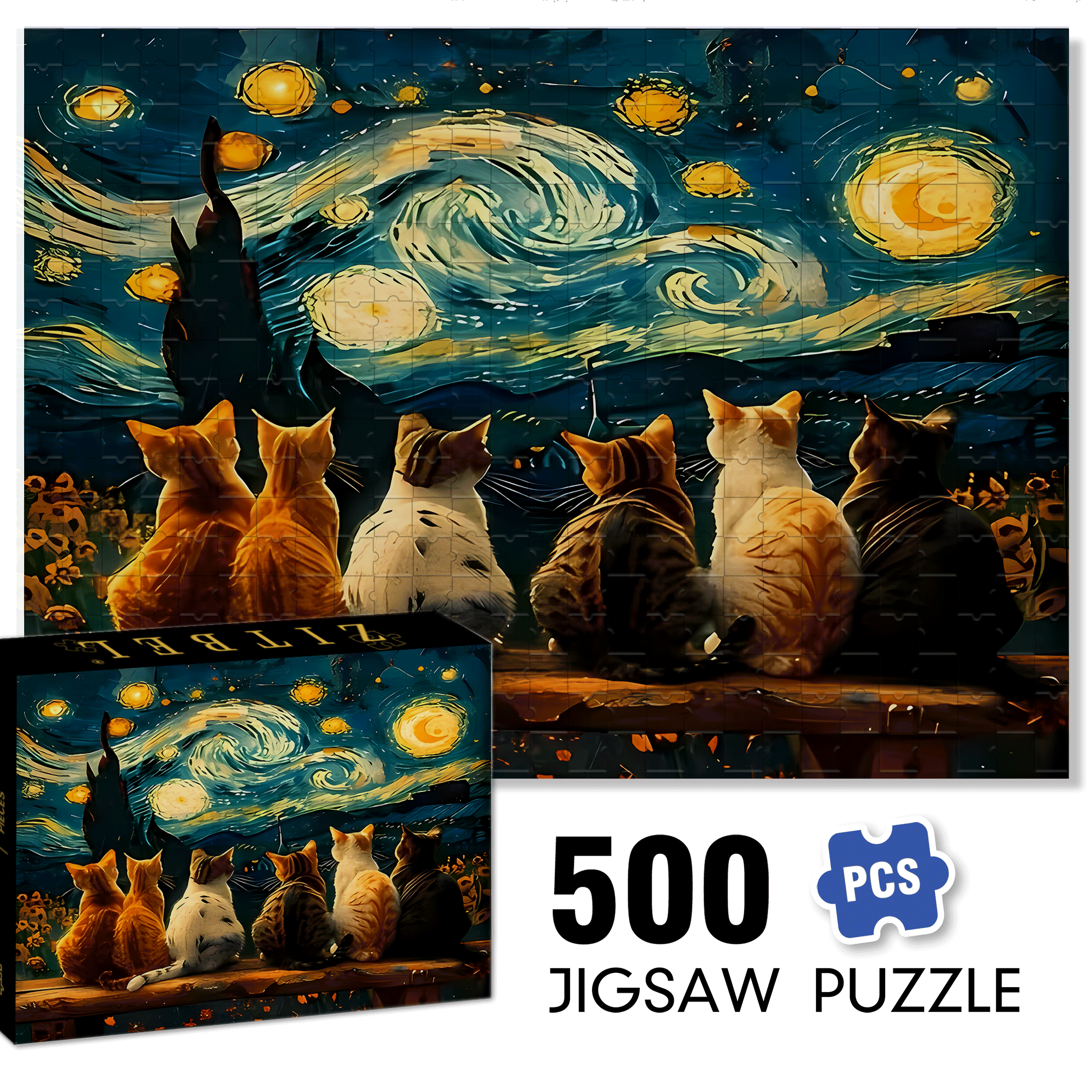 A Cat Under The Starry Sky 500pcs/1000pcs Jigsaw Puzzle, Scratch-Resistant, Interactive Family Game & Brain-Boosting DIY Decor, Perfect for Halloween, Christmas & New Year Gifts, Family Puzzle Game