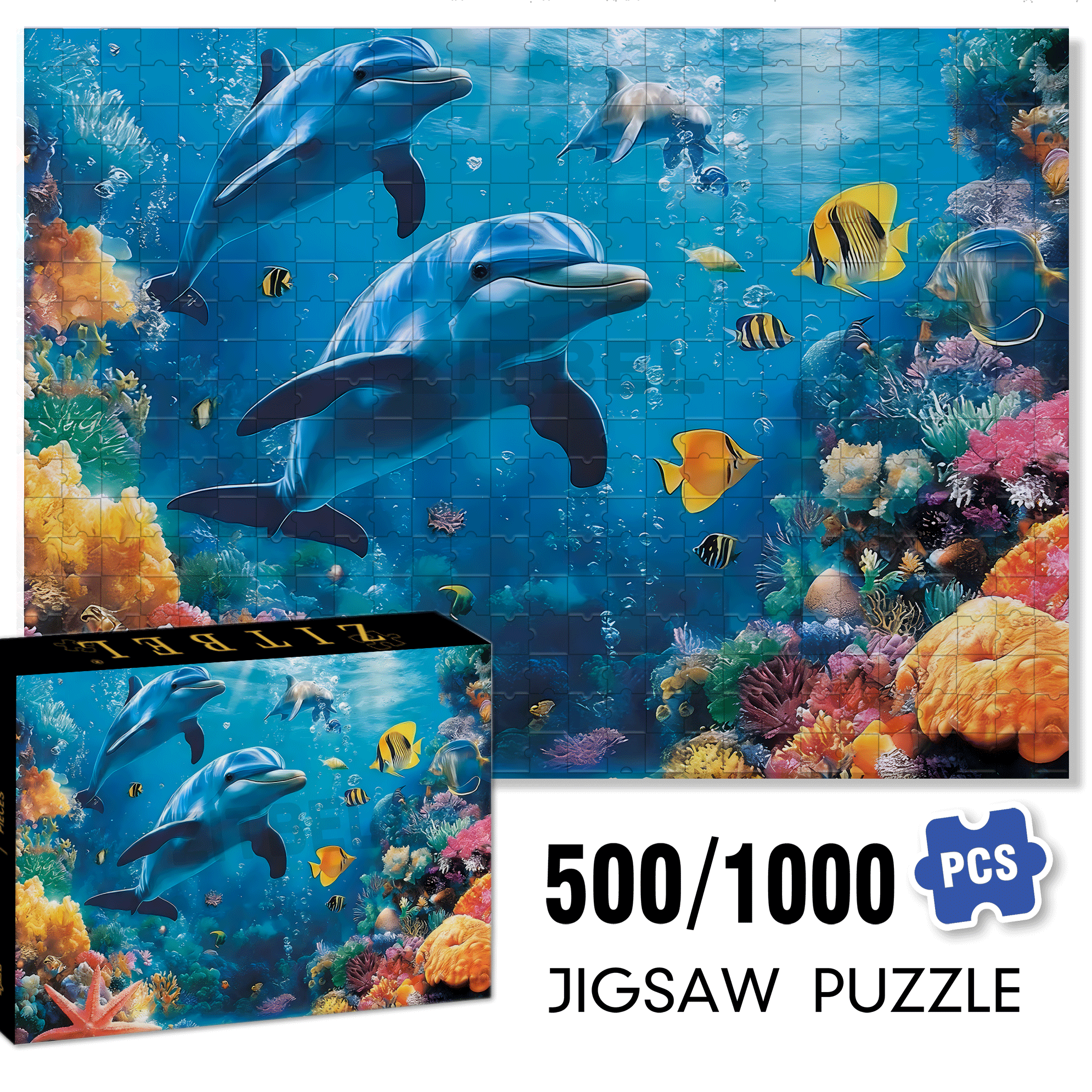 An Underwater Two Dolphins 500pcs/1000pcs Jigsaw Puzzle, Scratch-Resistant, Interactive Family Game & Brain-Boosting DIY Decor, Perfect for Halloween, Christmas & New Year Gifts, Family Puzzle Game