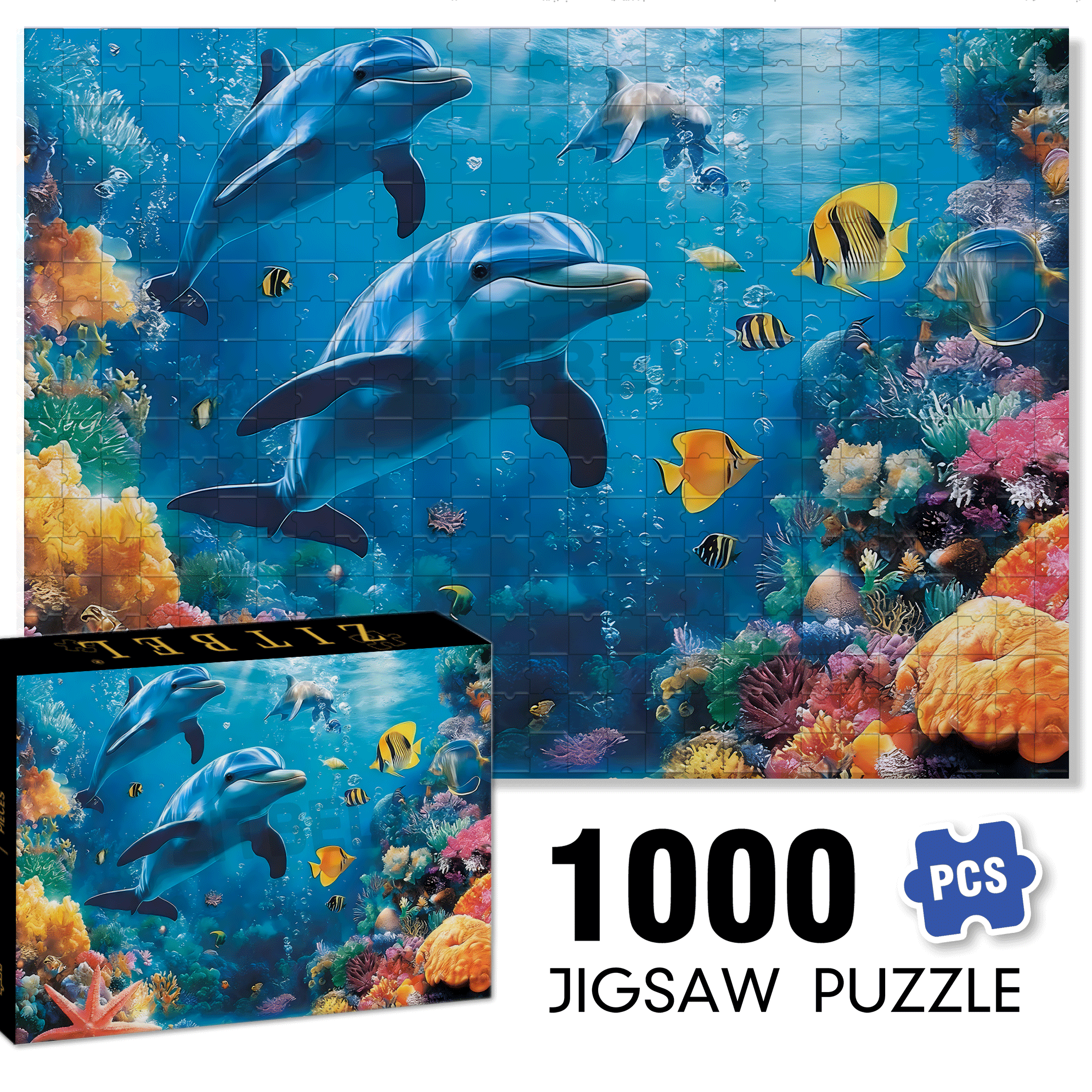 An Underwater Two Dolphins 500pcs/1000pcs Jigsaw Puzzle, Scratch-Resistant, Interactive Family Game & Brain-Boosting DIY Decor, Perfect for Halloween, Christmas & New Year Gifts, Family Puzzle Game