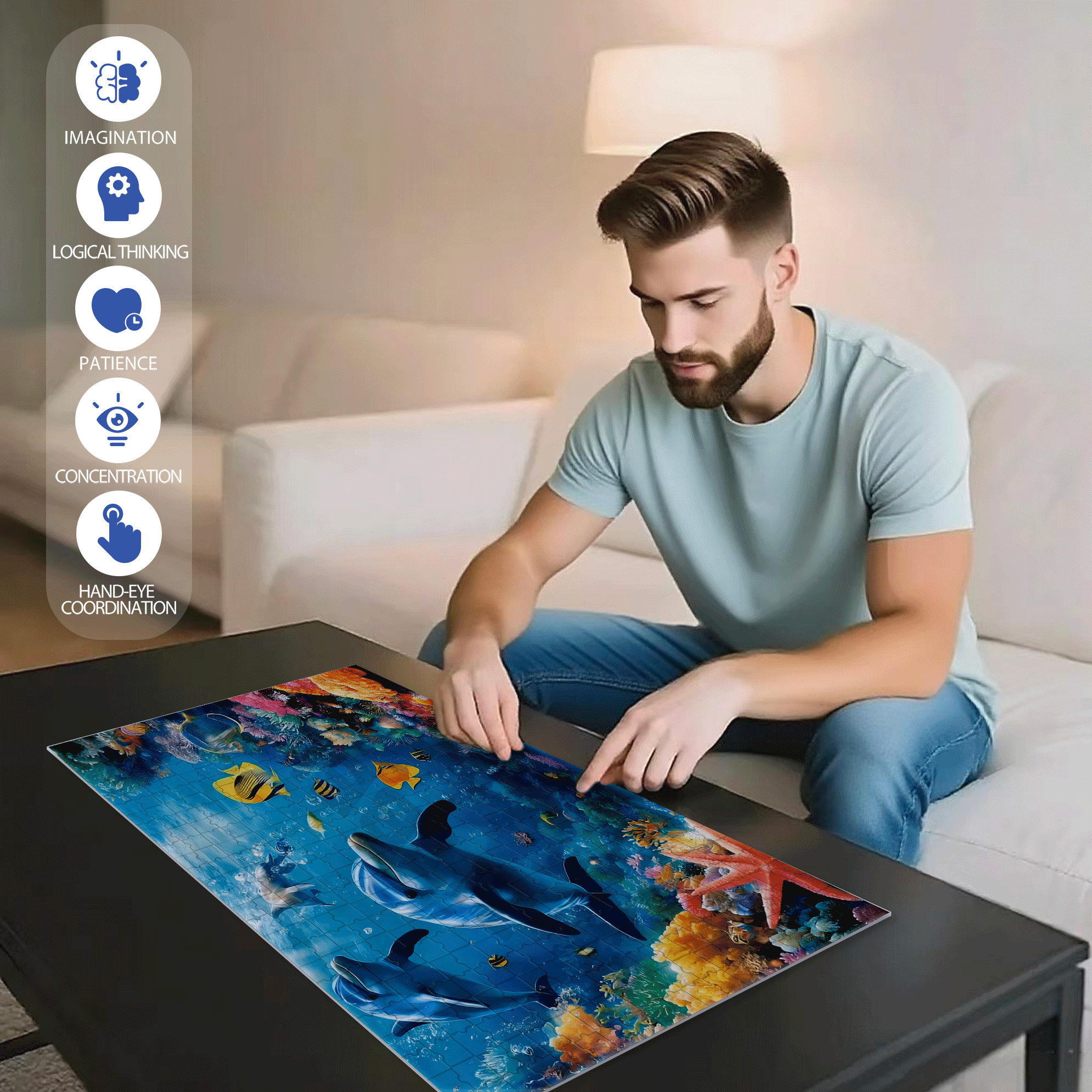 An Underwater Two Dolphins 500pcs/1000pcs Jigsaw Puzzle, Scratch-Resistant, Interactive Family Game & Brain-Boosting DIY Decor, Perfect for Halloween, Christmas & New Year Gifts, Family Puzzle Game