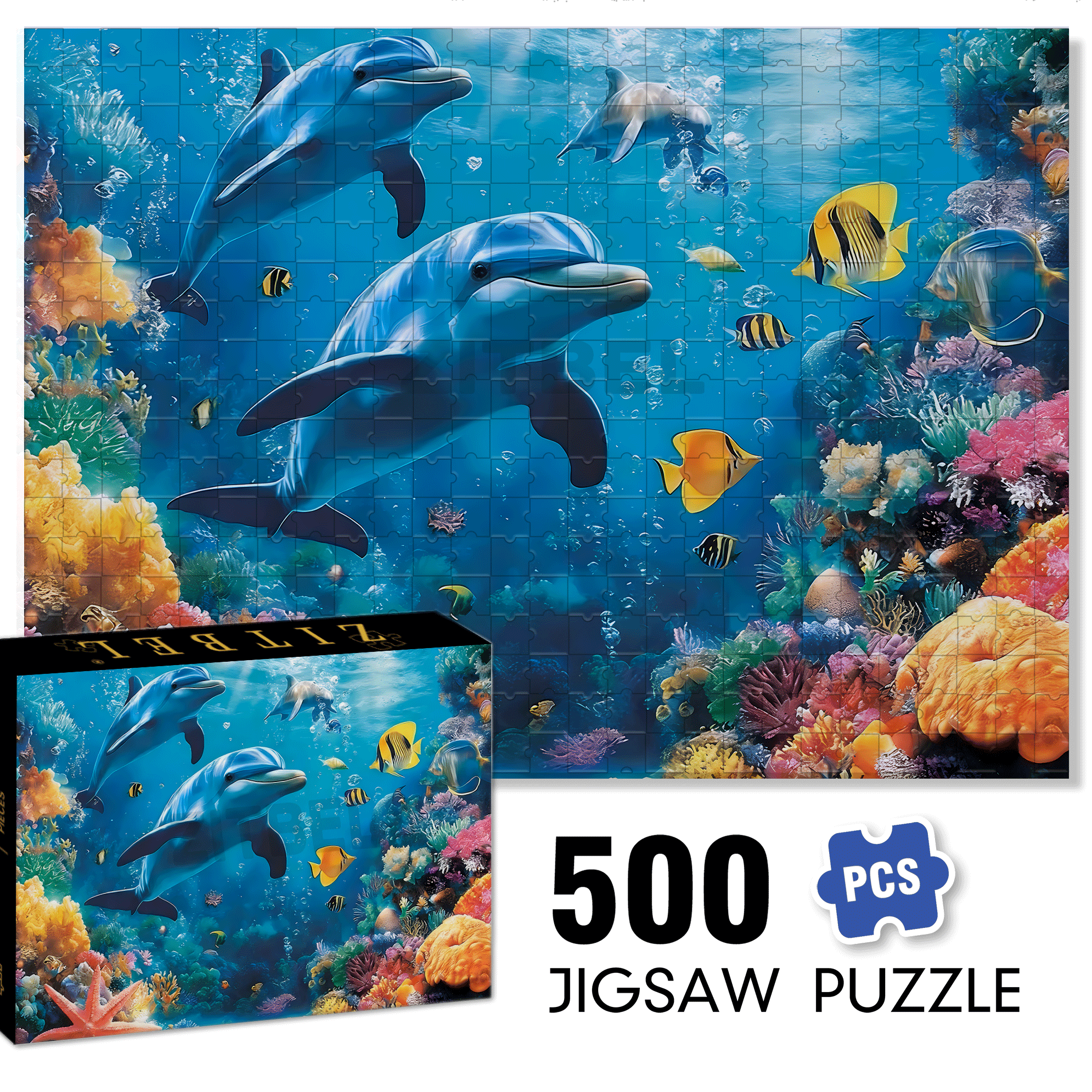 An Underwater Two Dolphins 500pcs/1000pcs Jigsaw Puzzle, Scratch-Resistant, Interactive Family Game & Brain-Boosting DIY Decor, Perfect for Halloween, Christmas & New Year Gifts, Family Puzzle Game