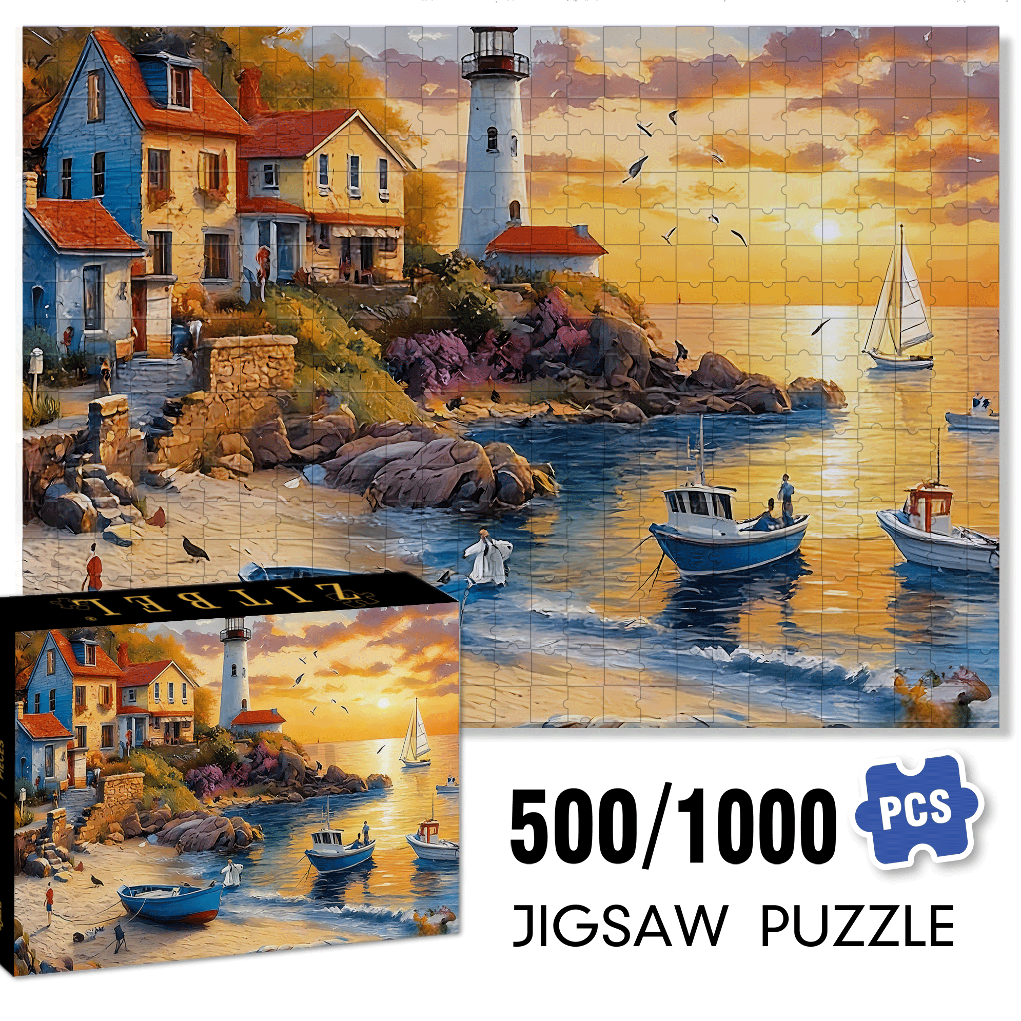 Beach Sunset 500pcs/1000pcs Jigsaw Puzzle, Scratch-Resistant, Interactive Family Game & Brain-Boosting DIY Decor, Perfect for Halloween, Christmas & New Year Gifts, Family Puzzle Game