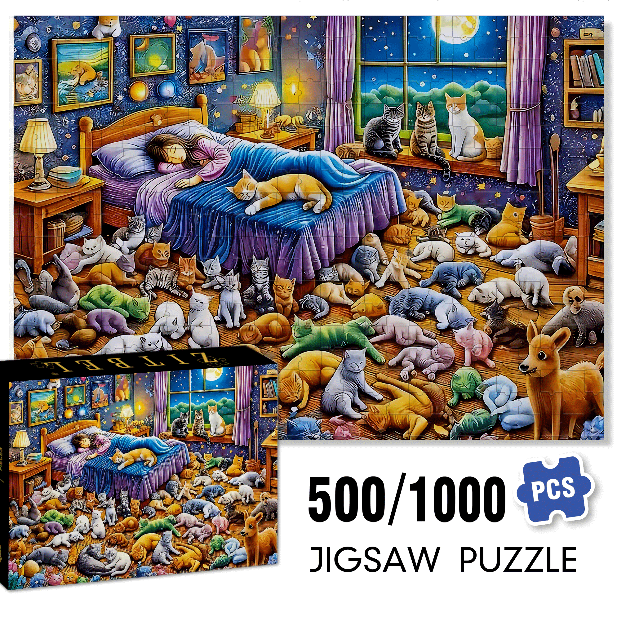 Cat & Starry Night 500pcs/1000pcs Jigsaw Puzzle, Scratch-Resistant, Interactive Family Game & Brain-Boosting DIY Decor, Perfect for Halloween, Christmas & New Year Gifts, Family Puzzle Game