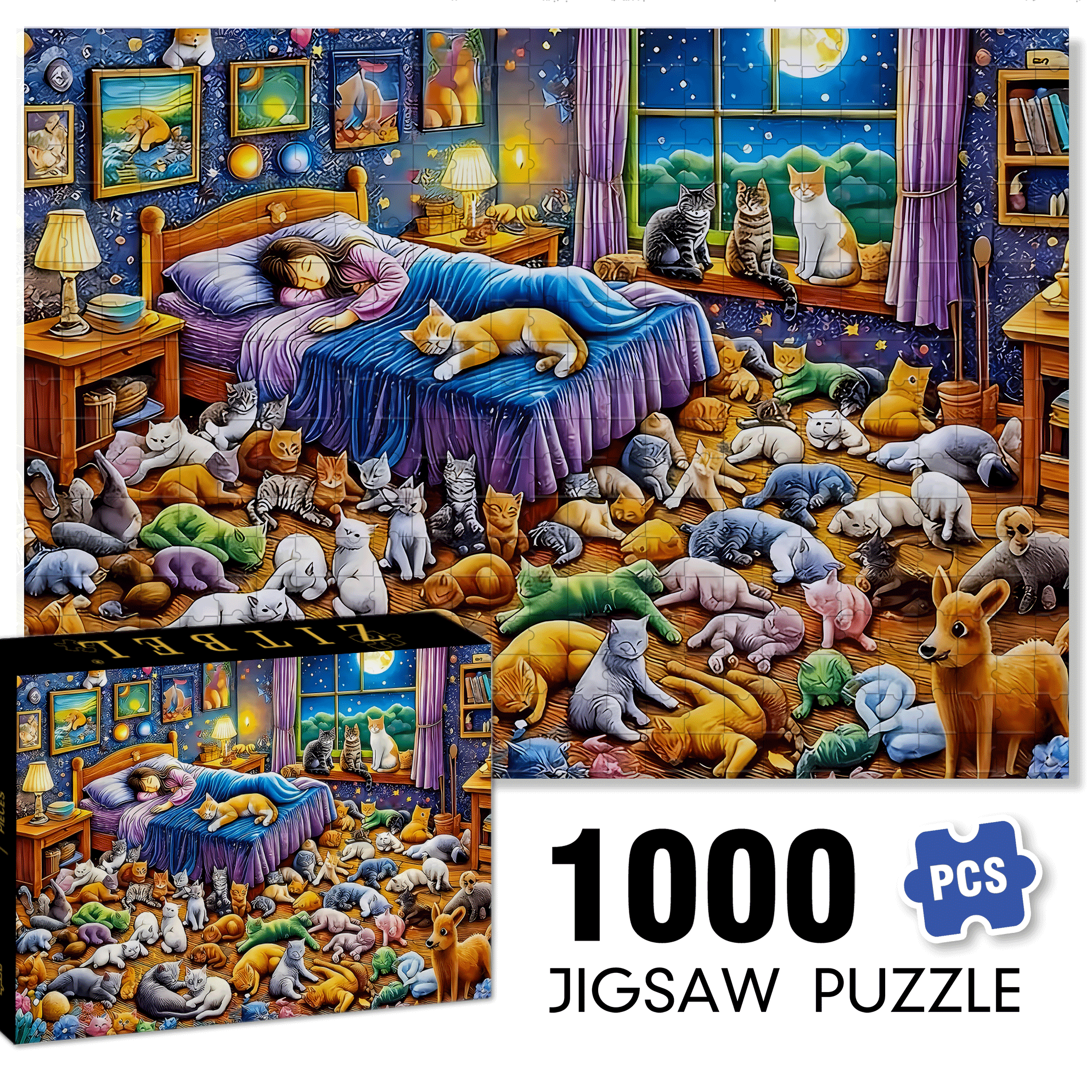 Cat & Starry Night 500pcs/1000pcs Jigsaw Puzzle, Scratch-Resistant, Interactive Family Game & Brain-Boosting DIY Decor, Perfect for Halloween, Christmas & New Year Gifts, Family Puzzle Game