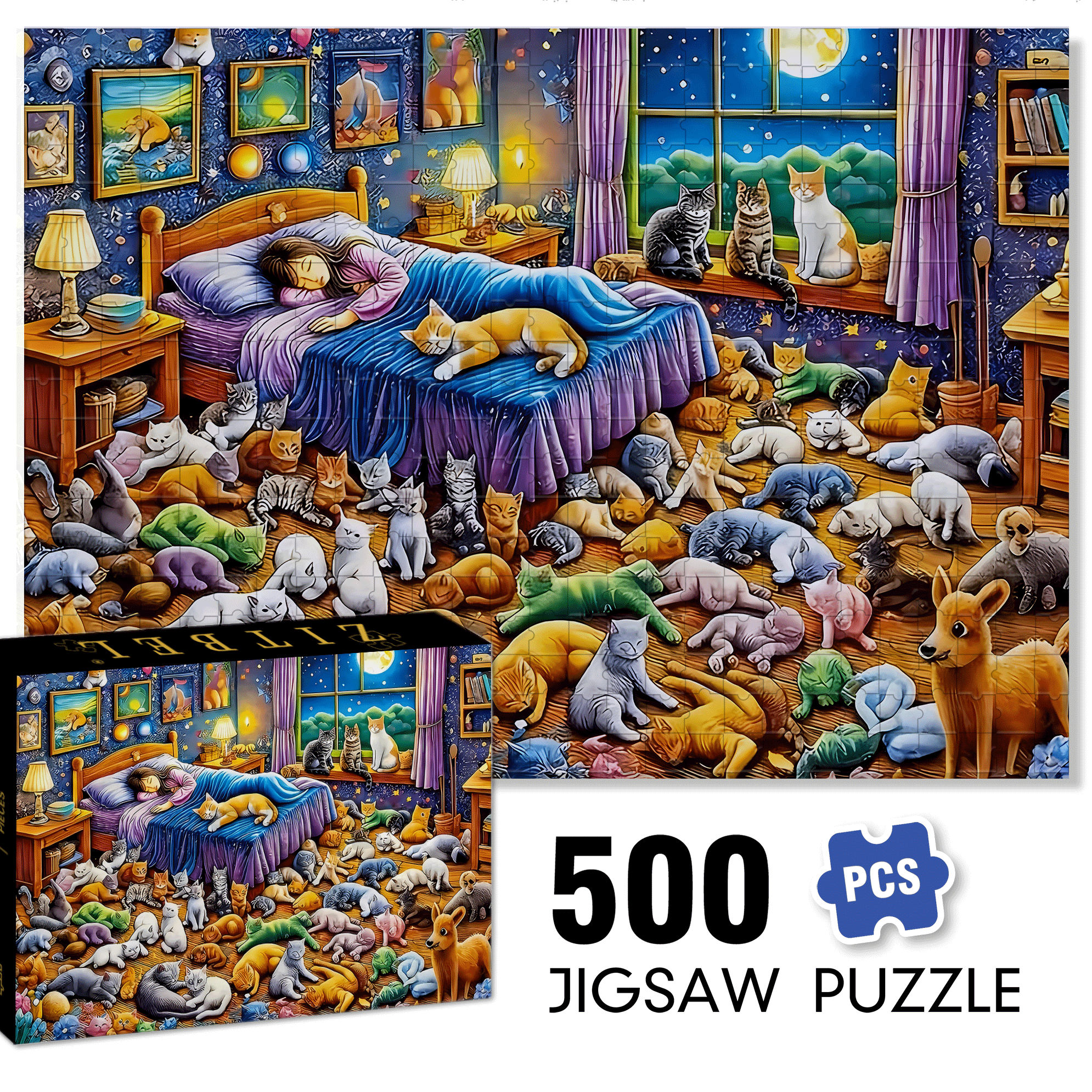 Cat & Starry Night 500pcs/1000pcs Jigsaw Puzzle, Scratch-Resistant, Interactive Family Game & Brain-Boosting DIY Decor, Perfect for Halloween, Christmas & New Year Gifts, Family Puzzle Game