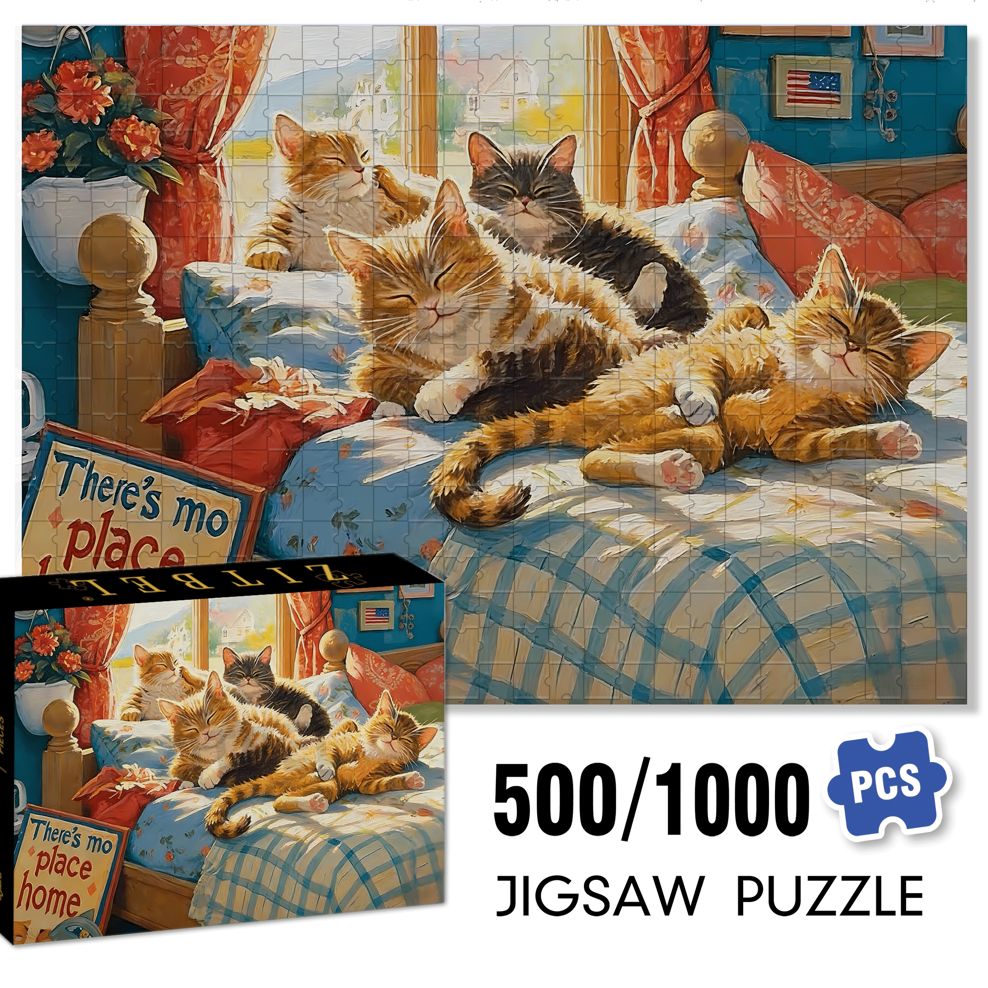 Cat on Bed 500pcs/1000pcs Jigsaw Puzzle, Scratch-Resistant, Interactive Family Game & Brain-Boosting DIY Decor, Perfect for Halloween, Christmas & New Year Gifts, Family Puzzle Game