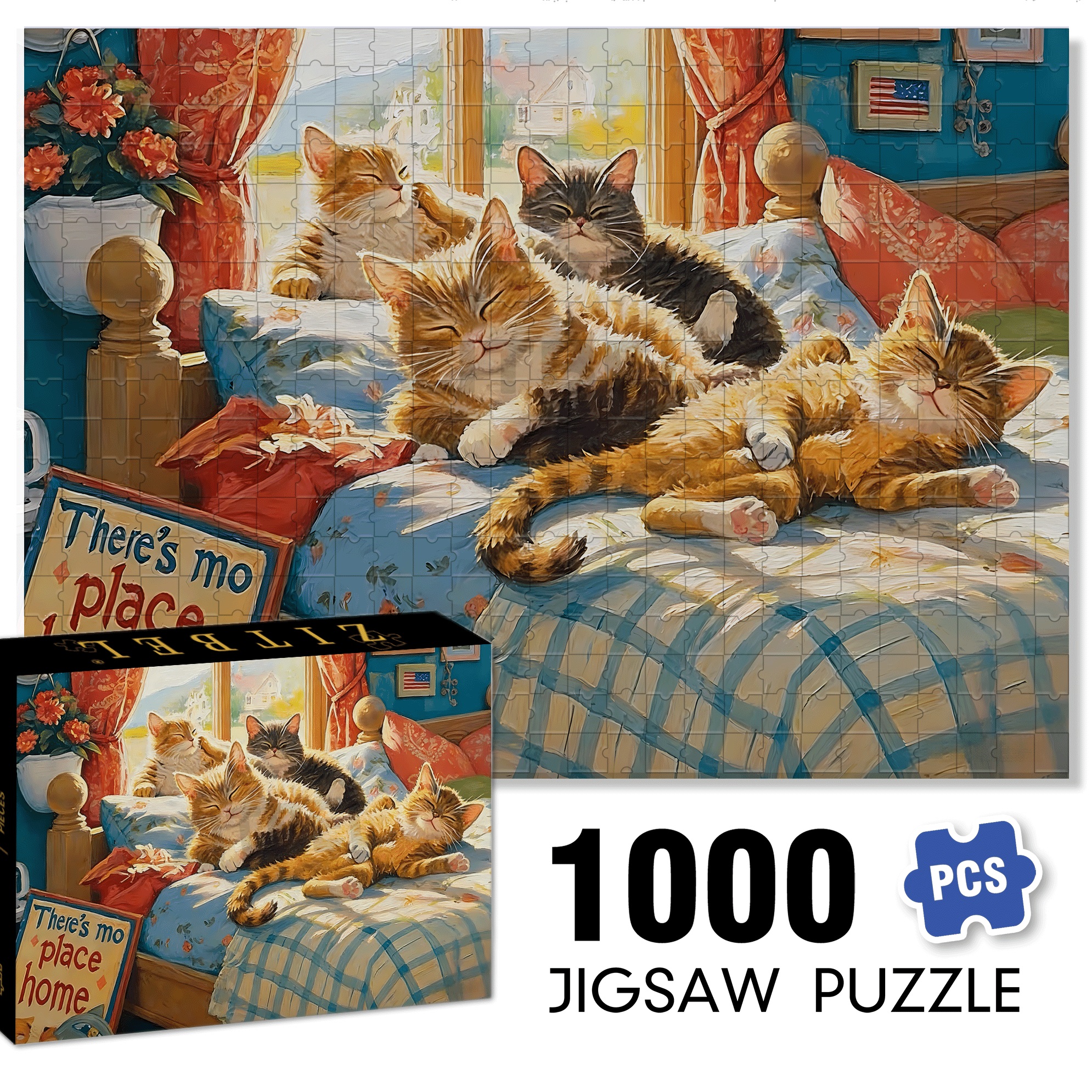 Cat on Bed 500pcs/1000pcs Jigsaw Puzzle, Scratch-Resistant, Interactive Family Game & Brain-Boosting DIY Decor, Perfect for Halloween, Christmas & New Year Gifts, Family Puzzle Game