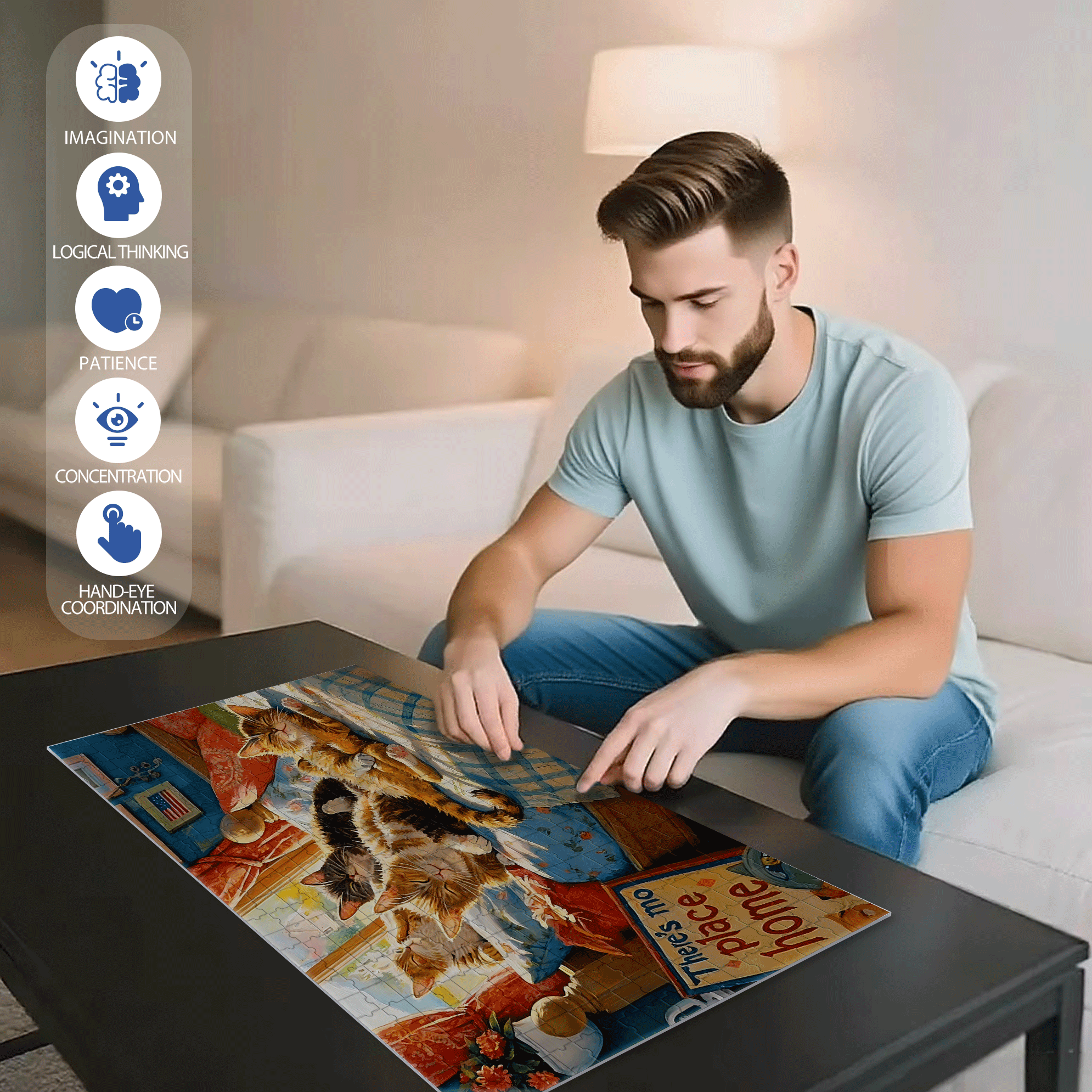Cat on Bed 500pcs/1000pcs Jigsaw Puzzle, Scratch-Resistant, Interactive Family Game & Brain-Boosting DIY Decor, Perfect for Halloween, Christmas & New Year Gifts, Family Puzzle Game