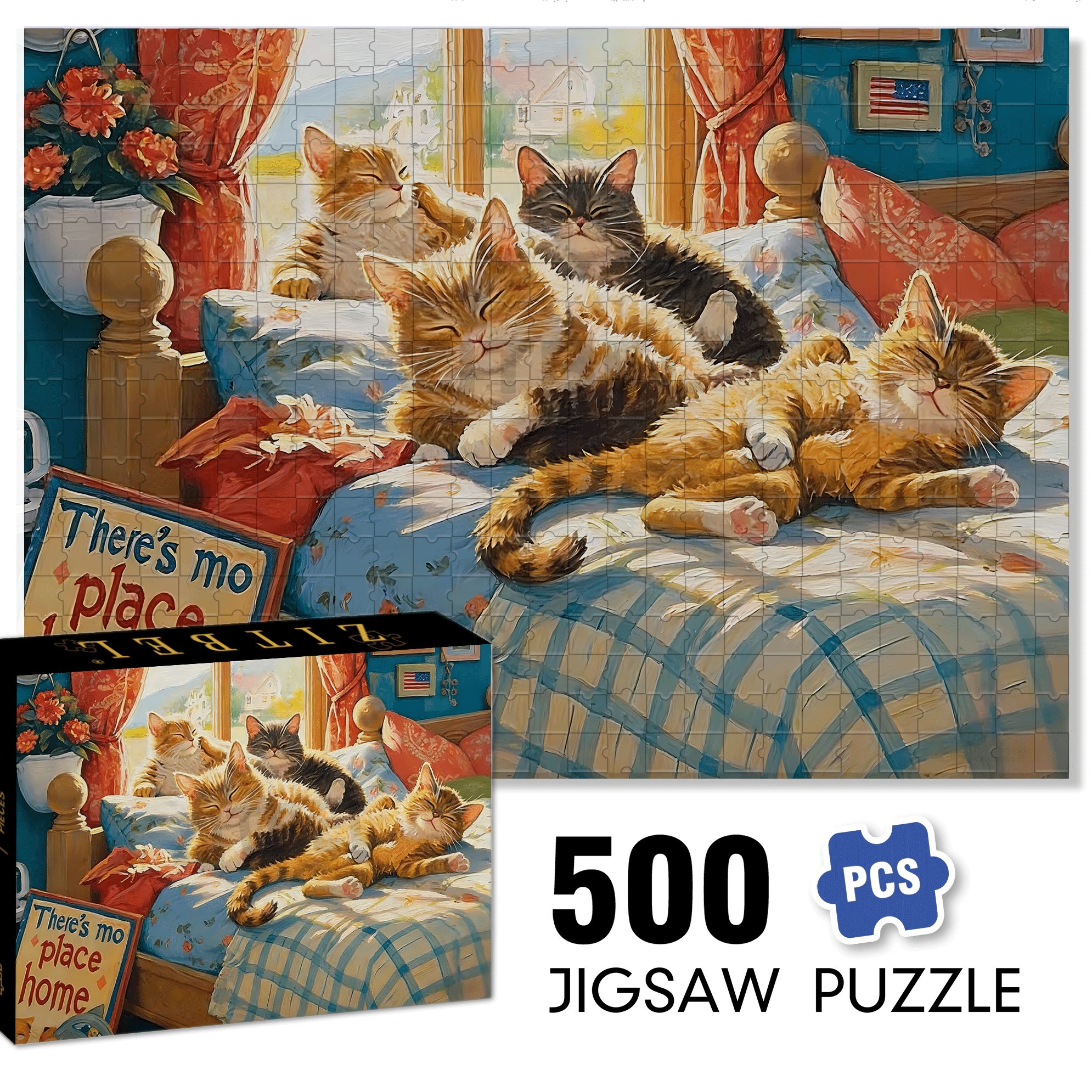 Cat on Bed 500pcs/1000pcs Jigsaw Puzzle, Scratch-Resistant, Interactive Family Game & Brain-Boosting DIY Decor, Perfect for Halloween, Christmas & New Year Gifts, Family Puzzle Game