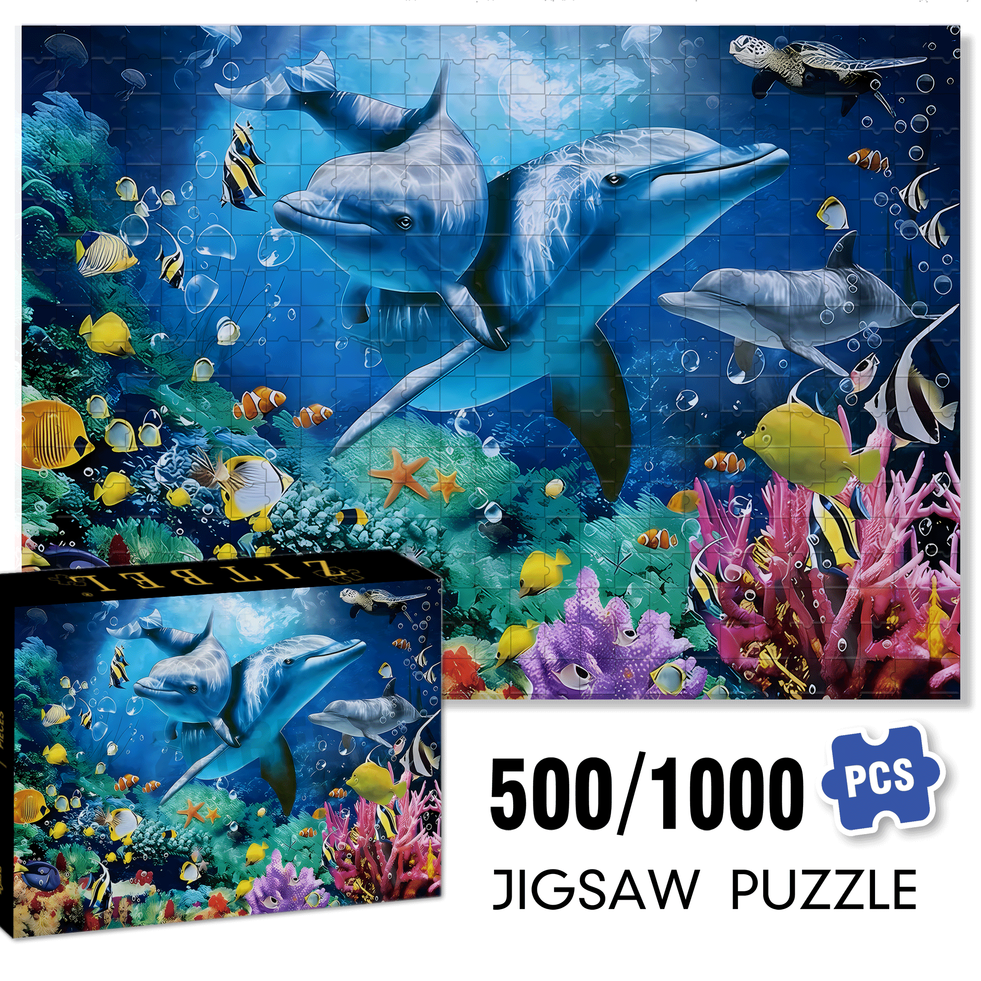 Cute Dolphin 500pcs/1000pcs Jigsaw Puzzle, Scratch-Resistant, Interactive Family Game & Brain-Boosting DIY Decor, Perfect for Halloween, Christmas & New Year Gifts, Family Puzzle Game