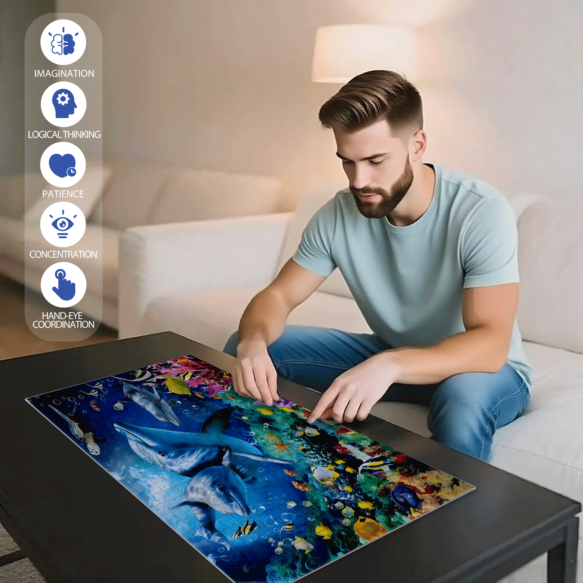 Cute Dolphin 500pcs/1000pcs Jigsaw Puzzle, Scratch-Resistant, Interactive Family Game & Brain-Boosting DIY Decor, Perfect for Halloween, Christmas & New Year Gifts, Family Puzzle Game