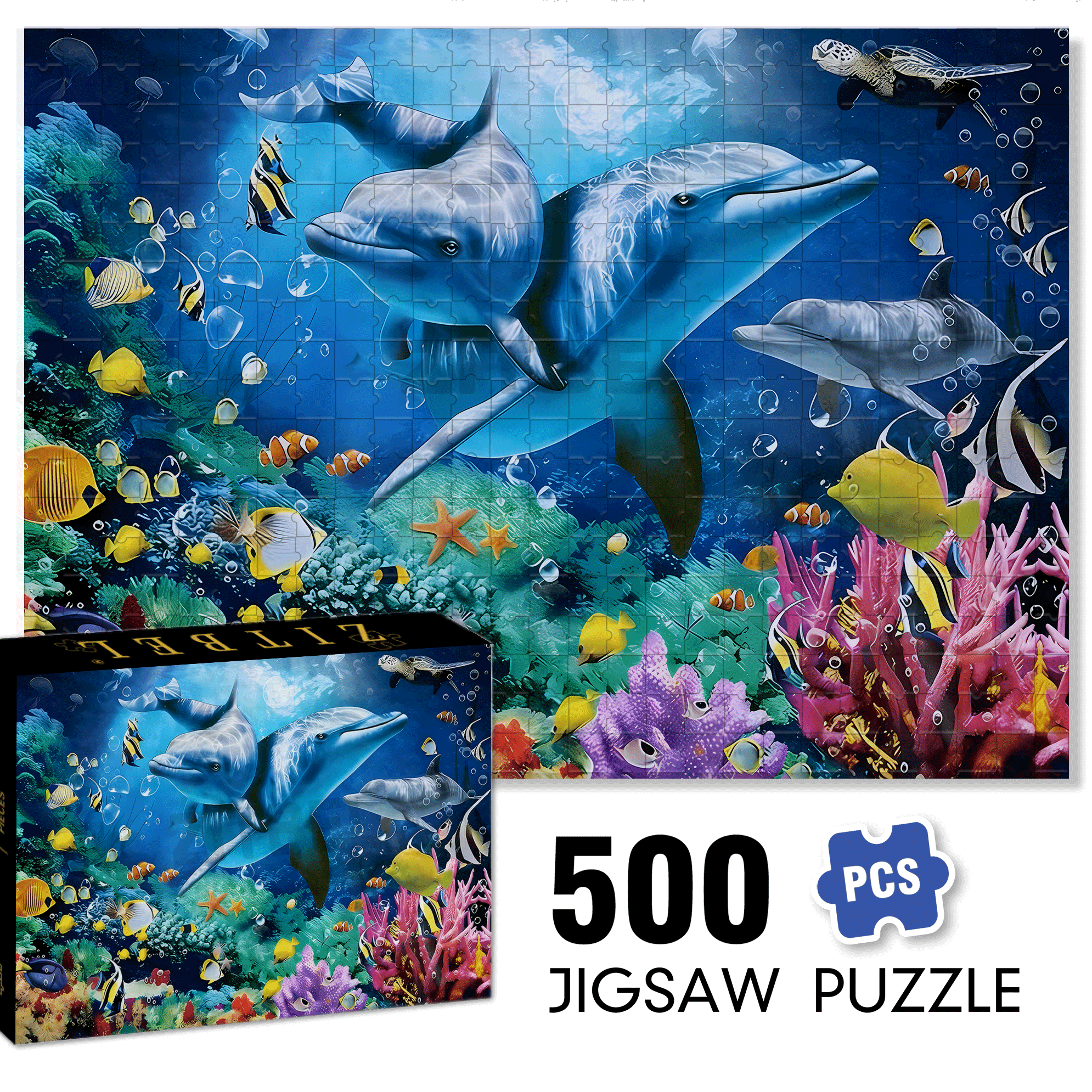 Cute Dolphin 500pcs/1000pcs Jigsaw Puzzle, Scratch-Resistant, Interactive Family Game & Brain-Boosting DIY Decor, Perfect for Halloween, Christmas & New Year Gifts, Family Puzzle Game