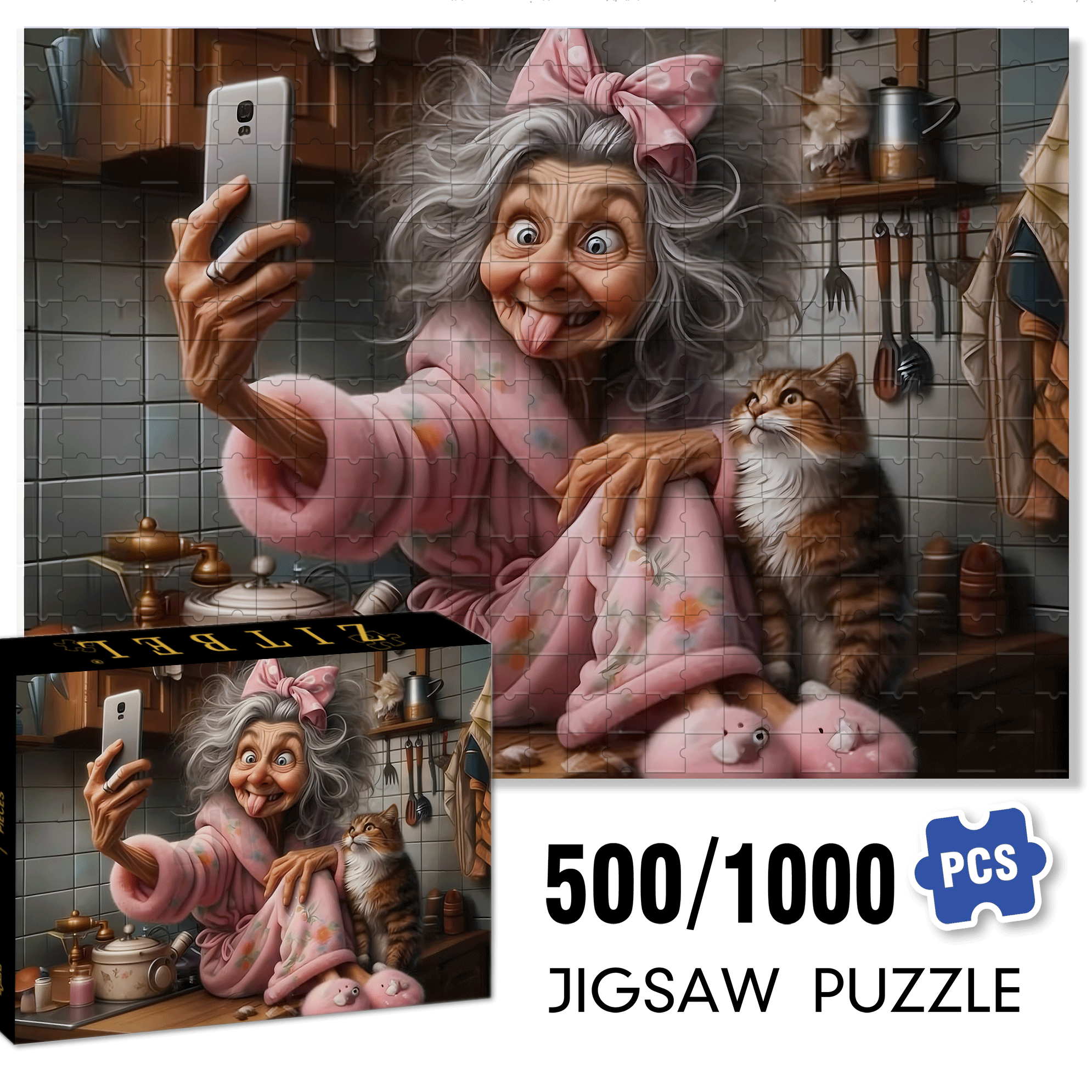Cute Grandma and Cat 500pcs/1000pcs Jigsaw Puzzle, Scratch-Resistant, Interactive Family Game & Brain-Boosting DIY Decor, Perfect for Halloween, Christmas & New Year Gifts, Family Puzzle Game