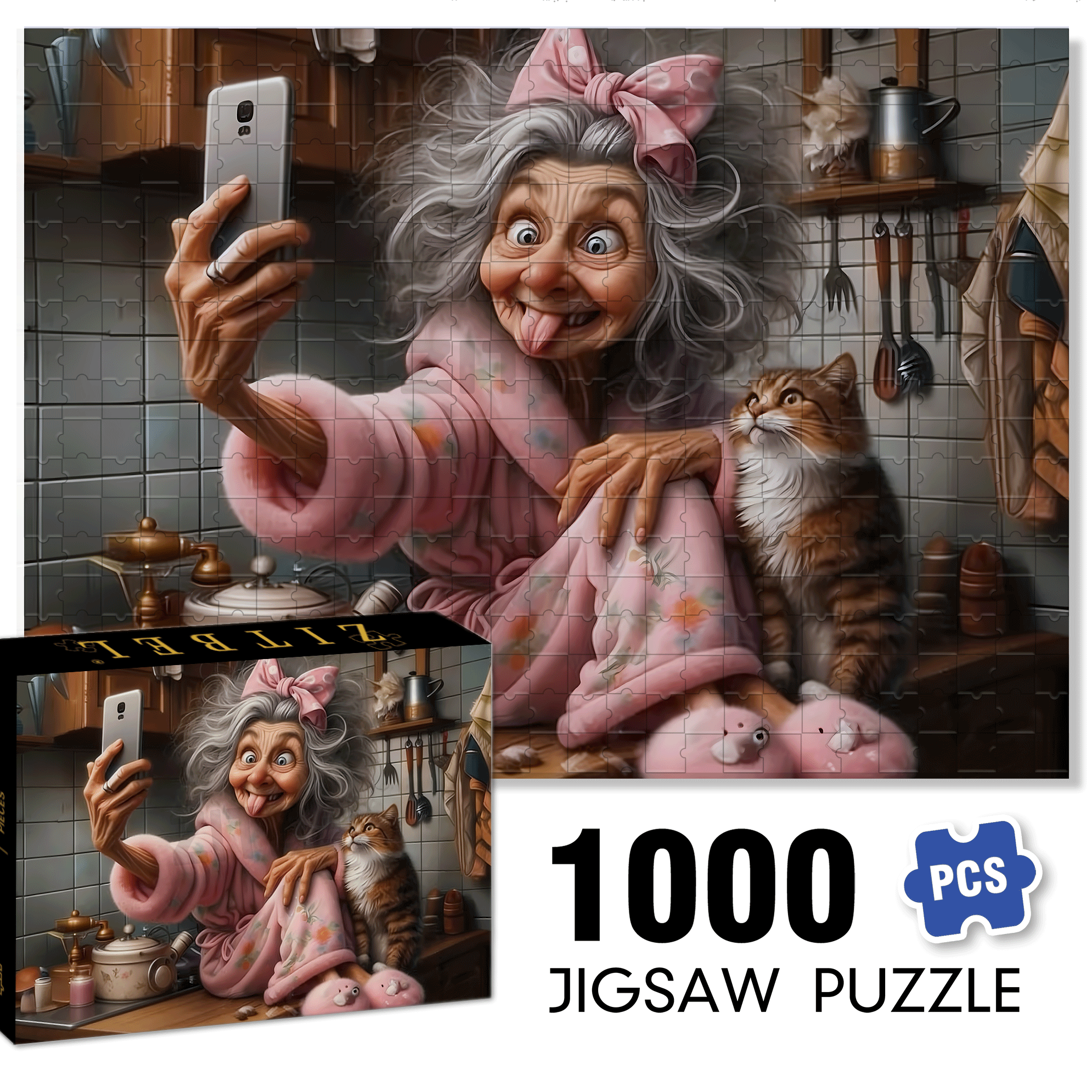 Cute Grandma and Cat 500pcs/1000pcs Jigsaw Puzzle, Scratch-Resistant, Interactive Family Game & Brain-Boosting DIY Decor, Perfect for Halloween, Christmas & New Year Gifts, Family Puzzle Game