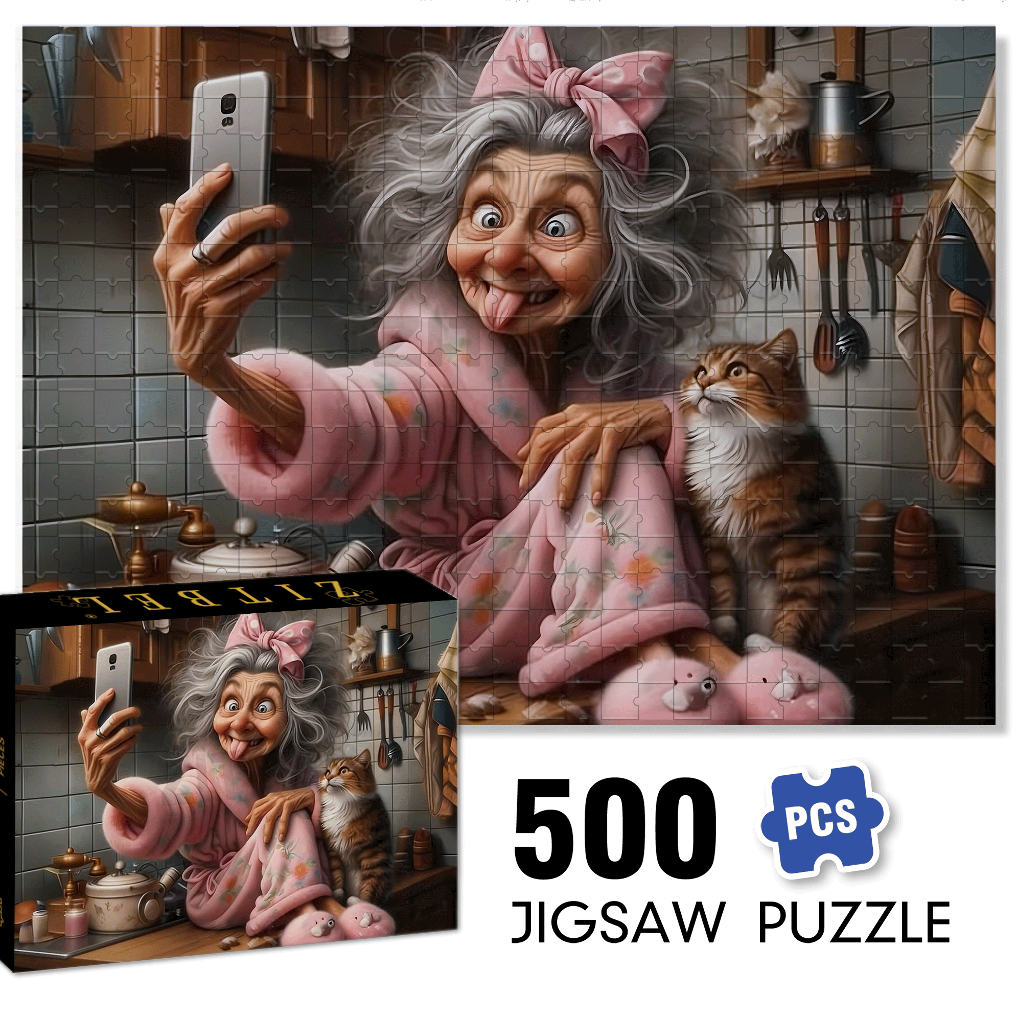 Cute Grandma and Cat 500pcs/1000pcs Jigsaw Puzzle, Scratch-Resistant, Interactive Family Game & Brain-Boosting DIY Decor, Perfect for Halloween, Christmas & New Year Gifts, Family Puzzle Game