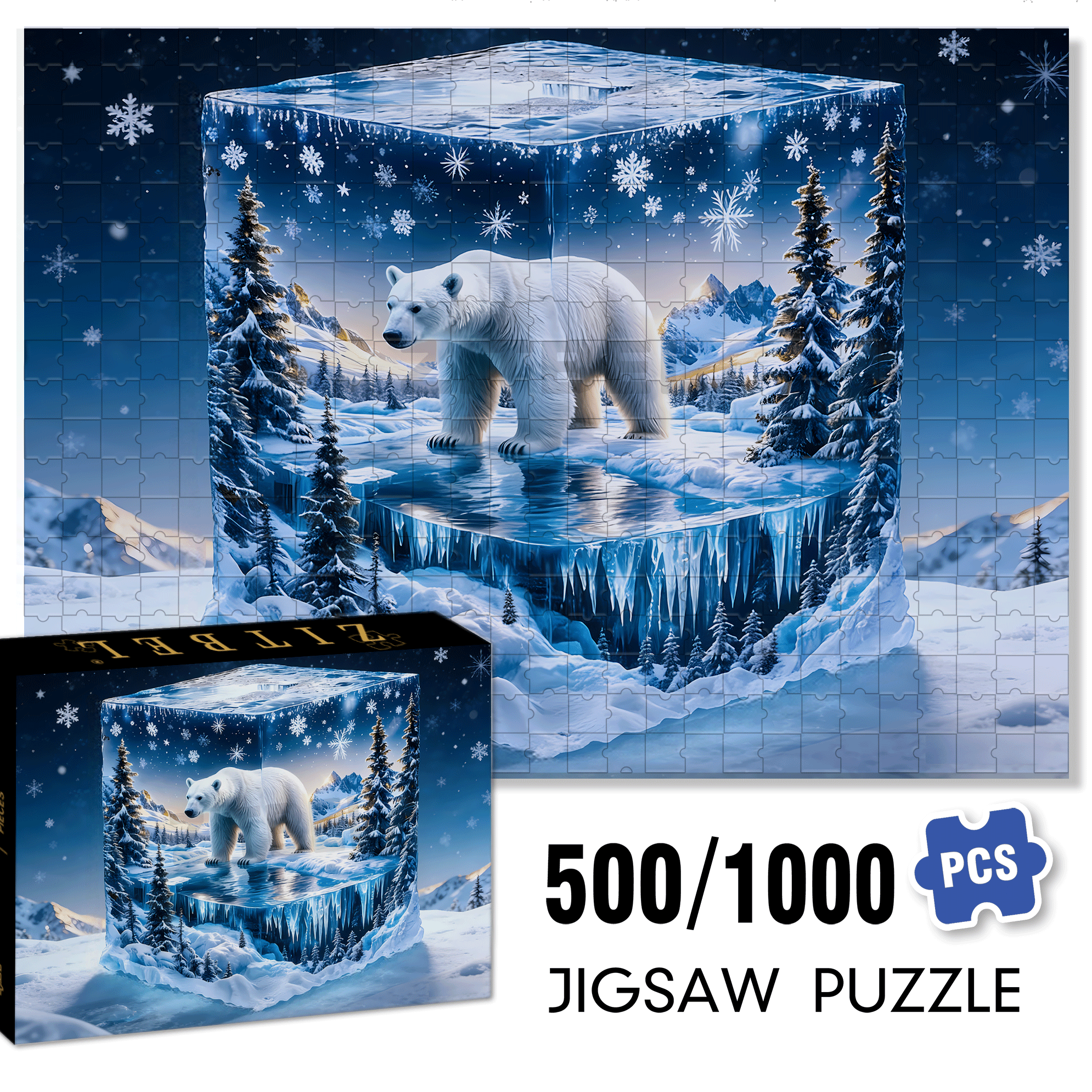 Encased Polar Bear 500pcs/1000pcs Jigsaw Puzzle, Scratch-Resistant, Interactive Family Game & Brain-Boosting DIY Decor, Perfect for Halloween, Christmas & New Year Gifts, Family Puzzle Game