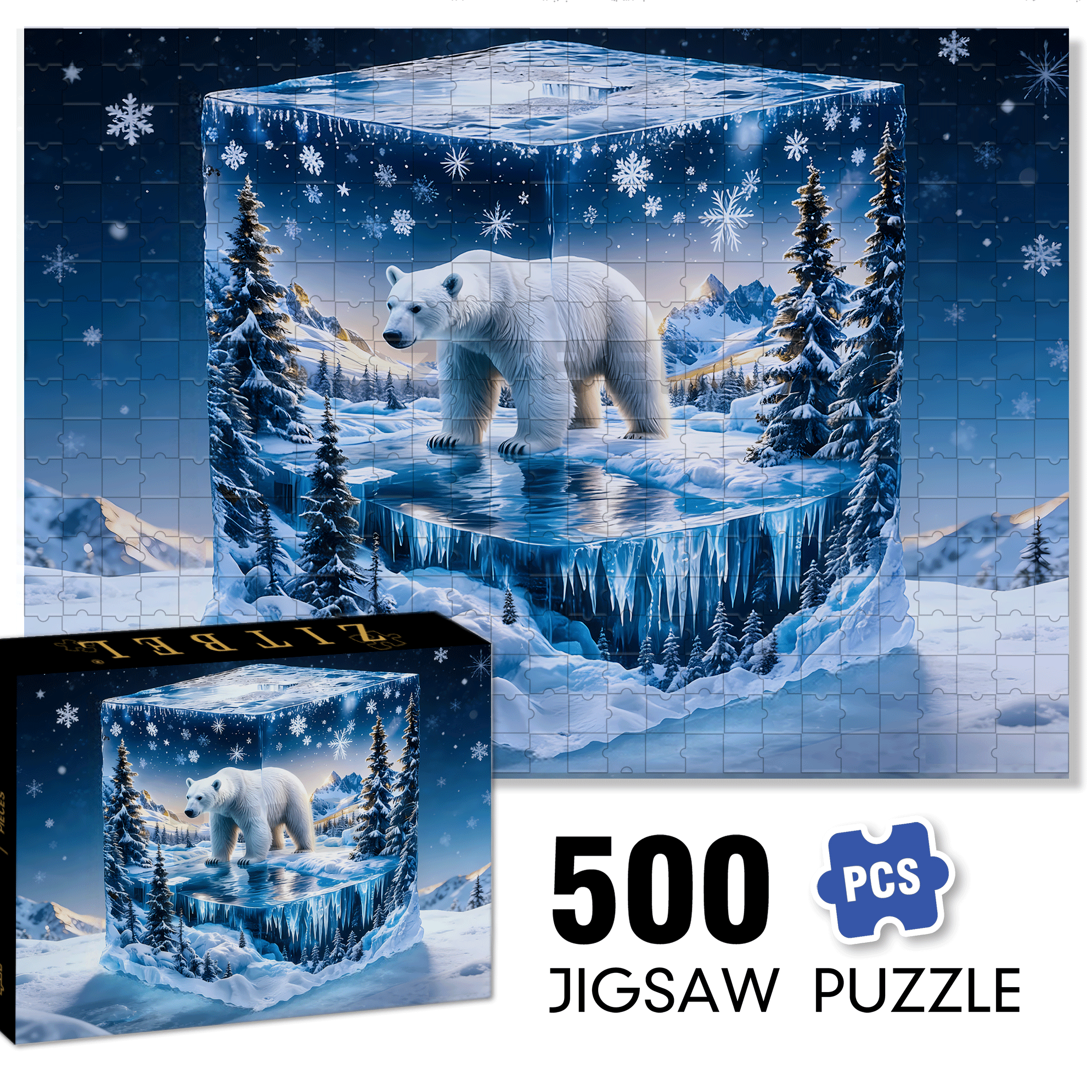Encased Polar Bear 500pcs/1000pcs Jigsaw Puzzle, Scratch-Resistant, Interactive Family Game & Brain-Boosting DIY Decor, Perfect for Halloween, Christmas & New Year Gifts, Family Puzzle Game