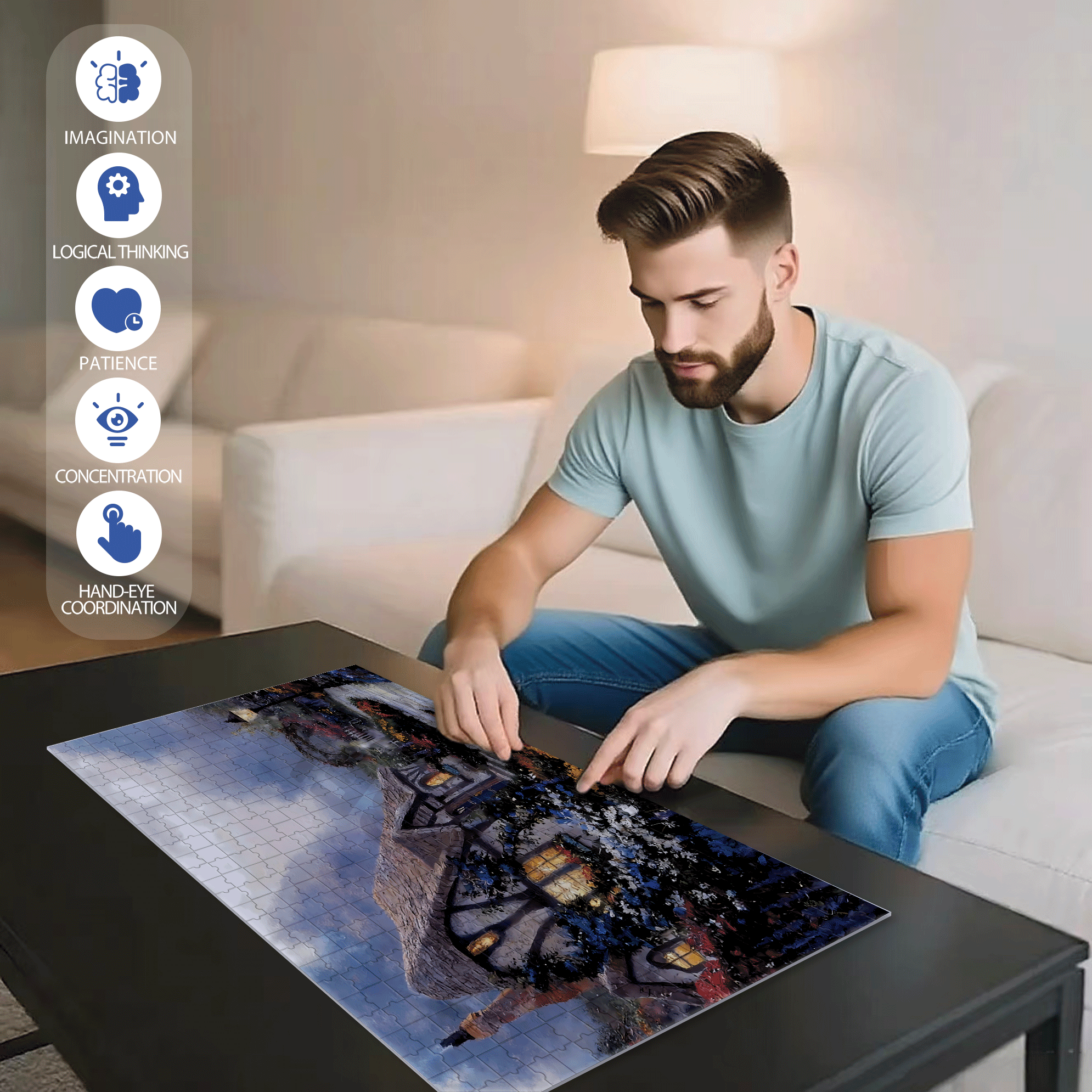 Featuring A Cozy Cabin 500pcs/1000pcs Jigsaw Puzzle, Scratch-Resistant, Interactive Family Game & Brain-Boosting DIY Decor, Perfect for Halloween, Christmas & New Year Gifts, Family Puzzle Game