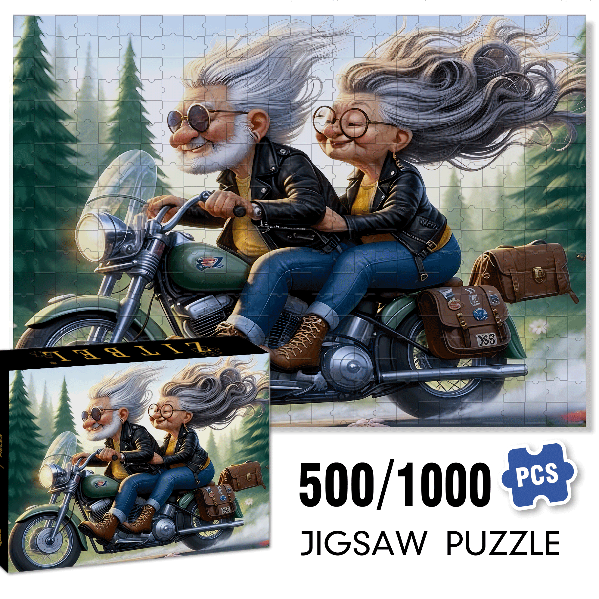 Grandpa and Grandma Riding Motorcycles 500pcs/1000pcs Jigsaw Puzzle, Scratch-Resistant, Interactive Family Game & Brain-Boosting DIY Decor, Perfect for Halloween, Christmas & New Year Gifts, Family Puzzle Game